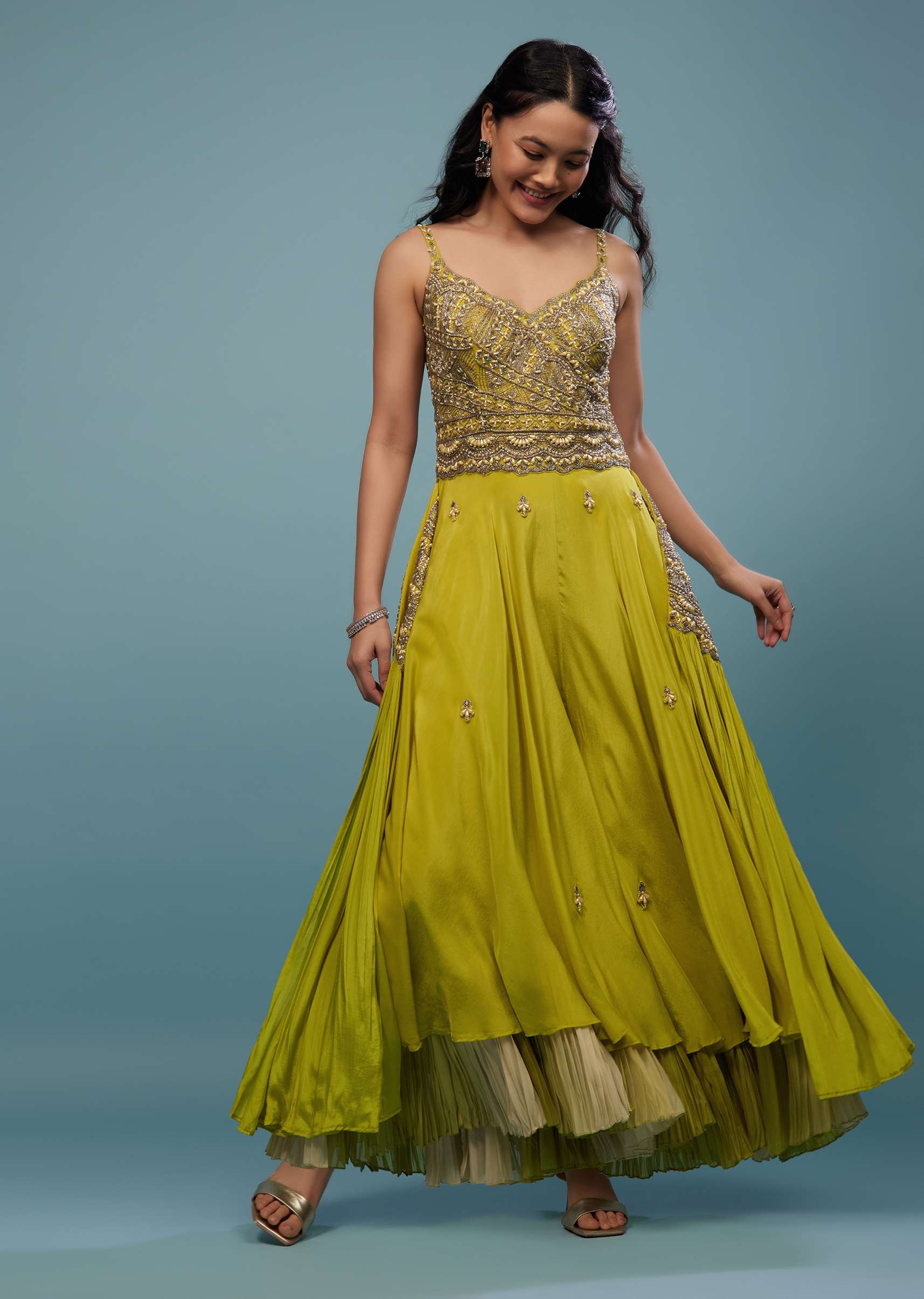Lime Green Embroidered Jumpsuit In Chinon - Image 5