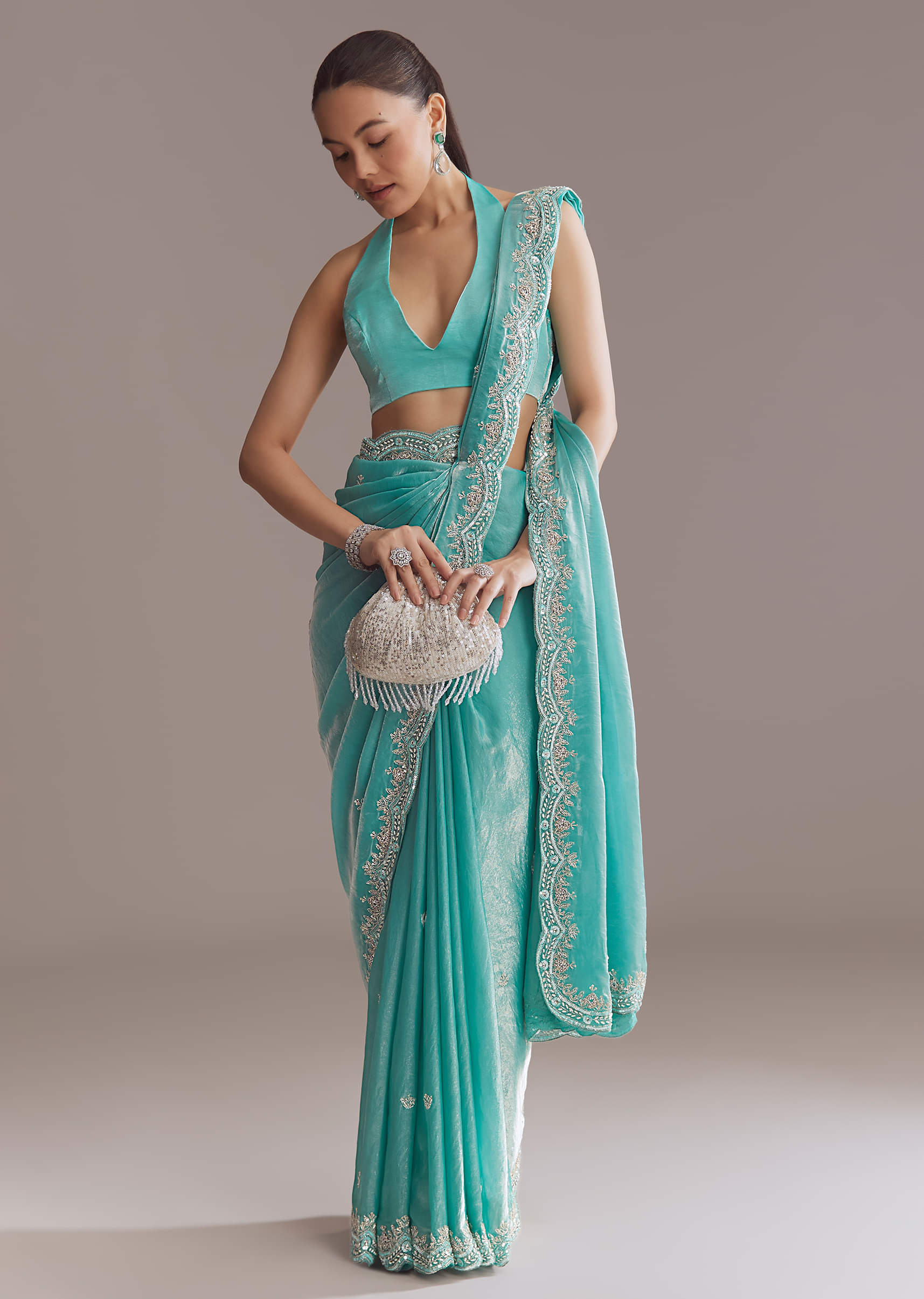 Aqua Blue Chinon Saree With Floral Embroidery - Image 11