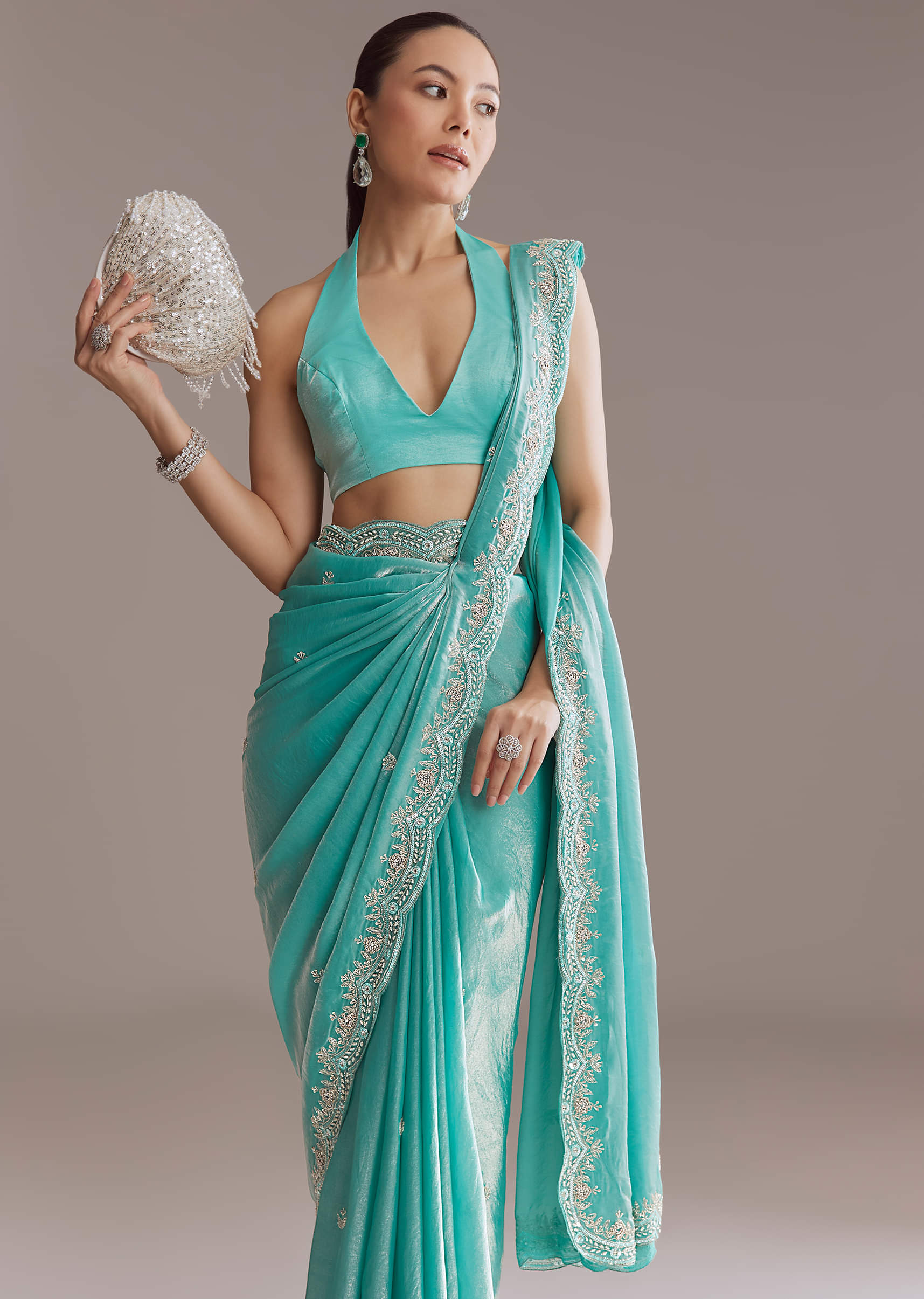 Aqua Blue Chinon Saree With Floral Embroidery - Image 4