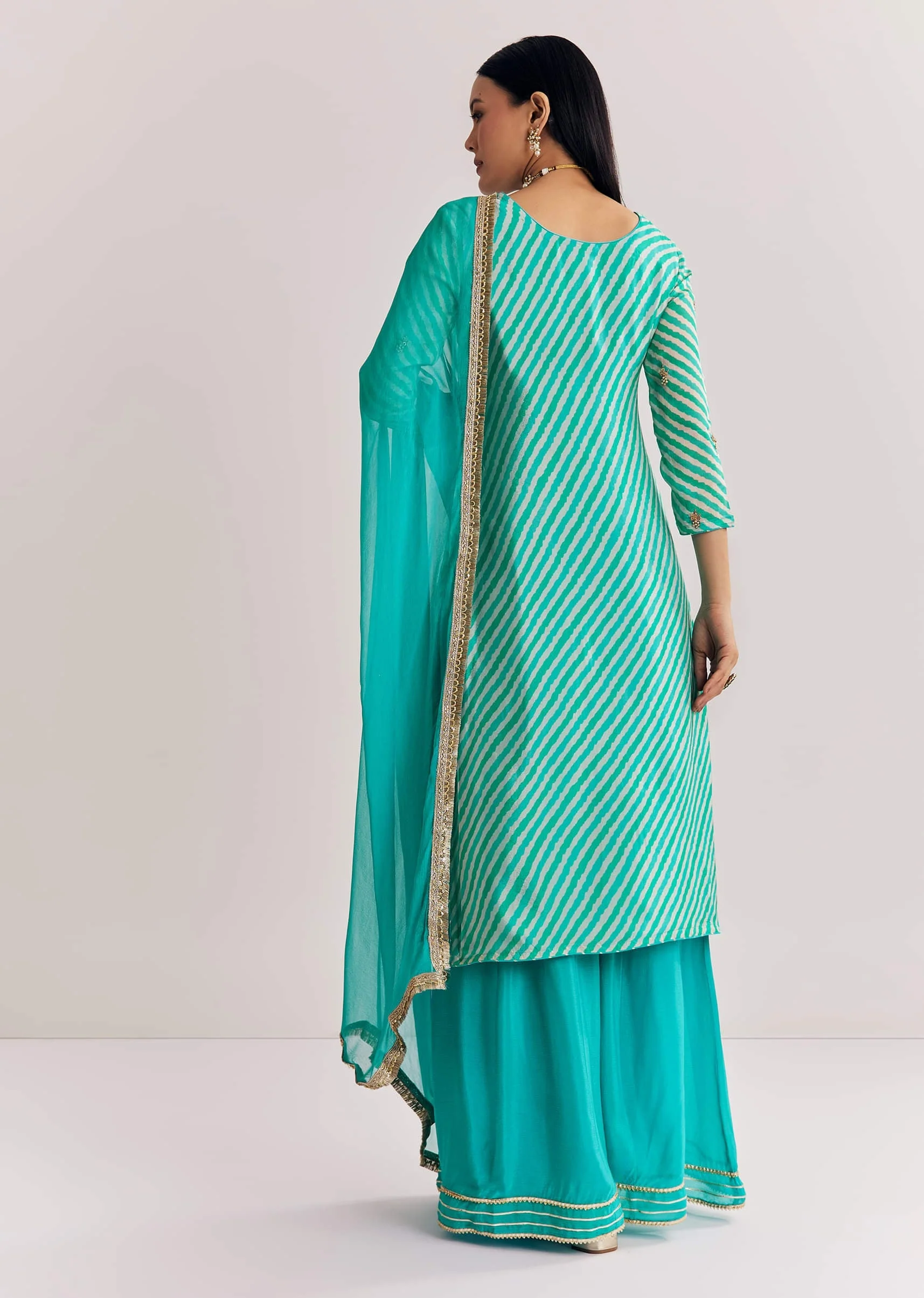 Aqua Blue Leheriya Kurta Palazzo Suit With Zardosi And Moti Work - Image 5