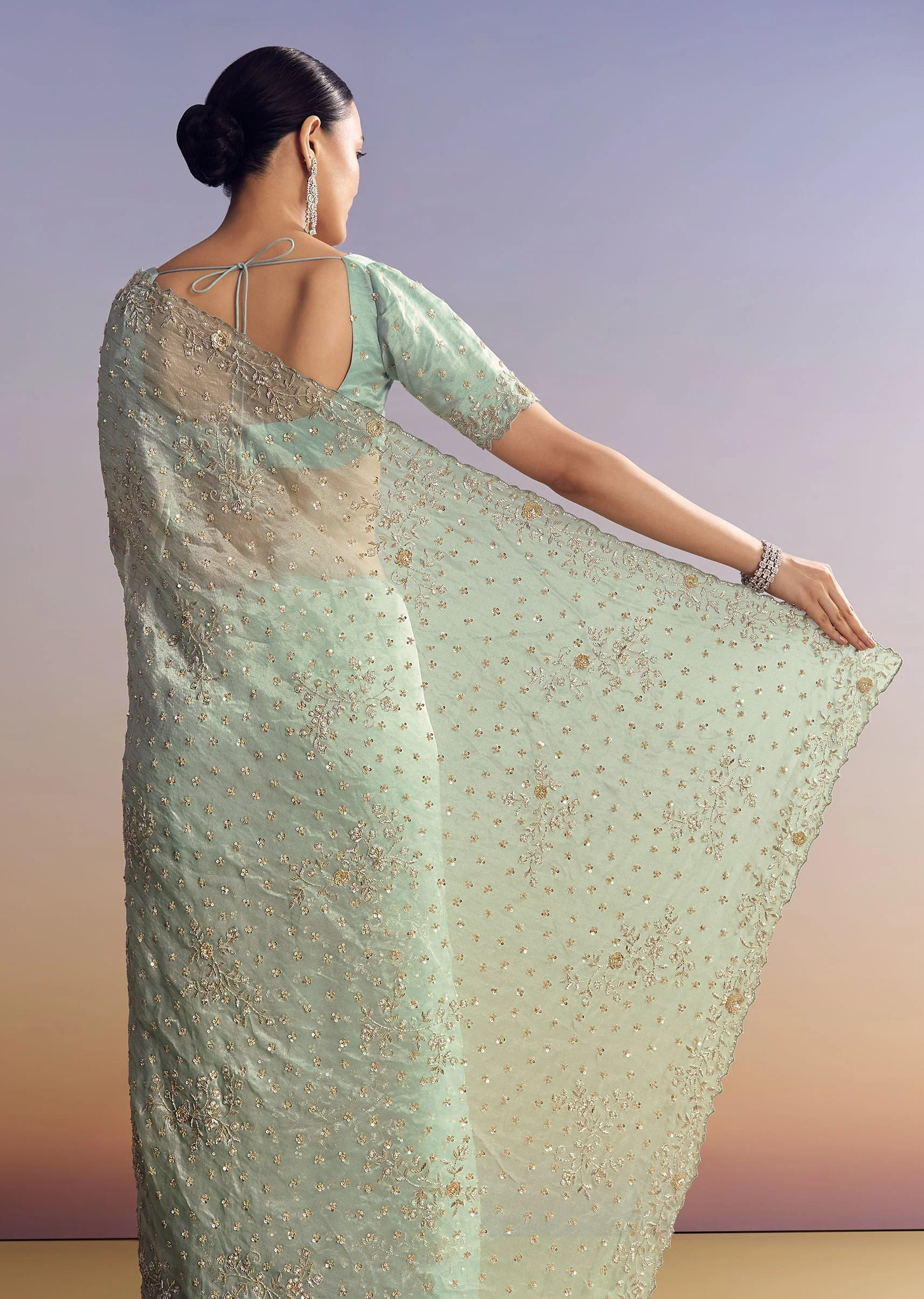 Aqua Blue Tissue Saree With Cutwork And Unstitched Embellished Blouse - Image 3