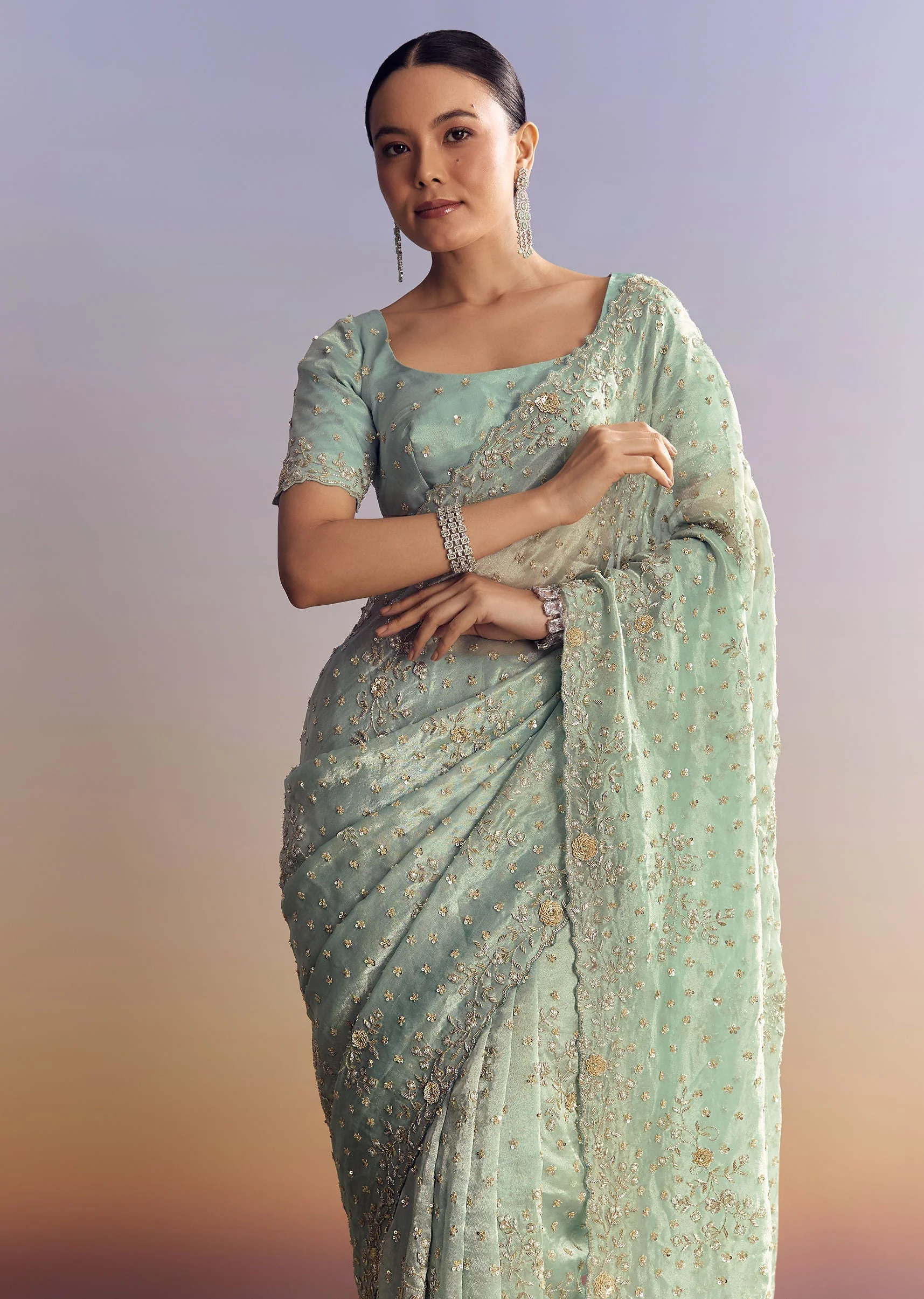 Aqua Blue Tissue Saree With Cutwork And Unstitched Embellished Blouse - Image 4