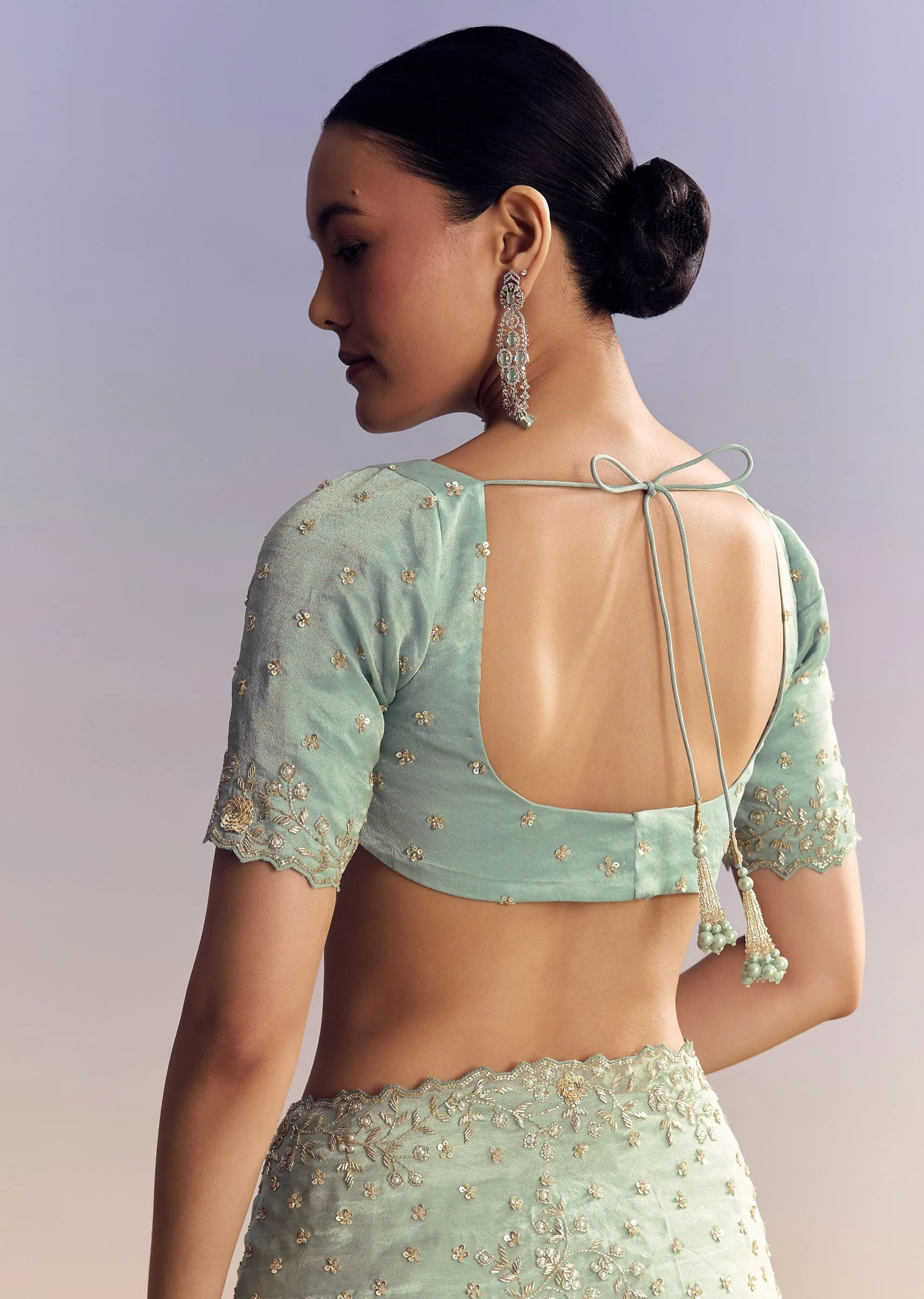 Aqua Blue Tissue Saree With Cutwork And Unstitched Embellished Blouse - Image 7