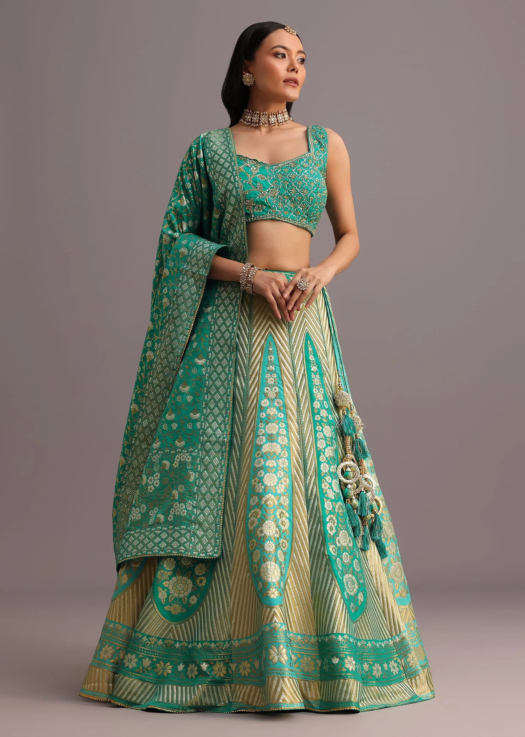 Aqua Green Embroidered Choli With Banarasi Weave Lehenga And Dupatta - Image 3