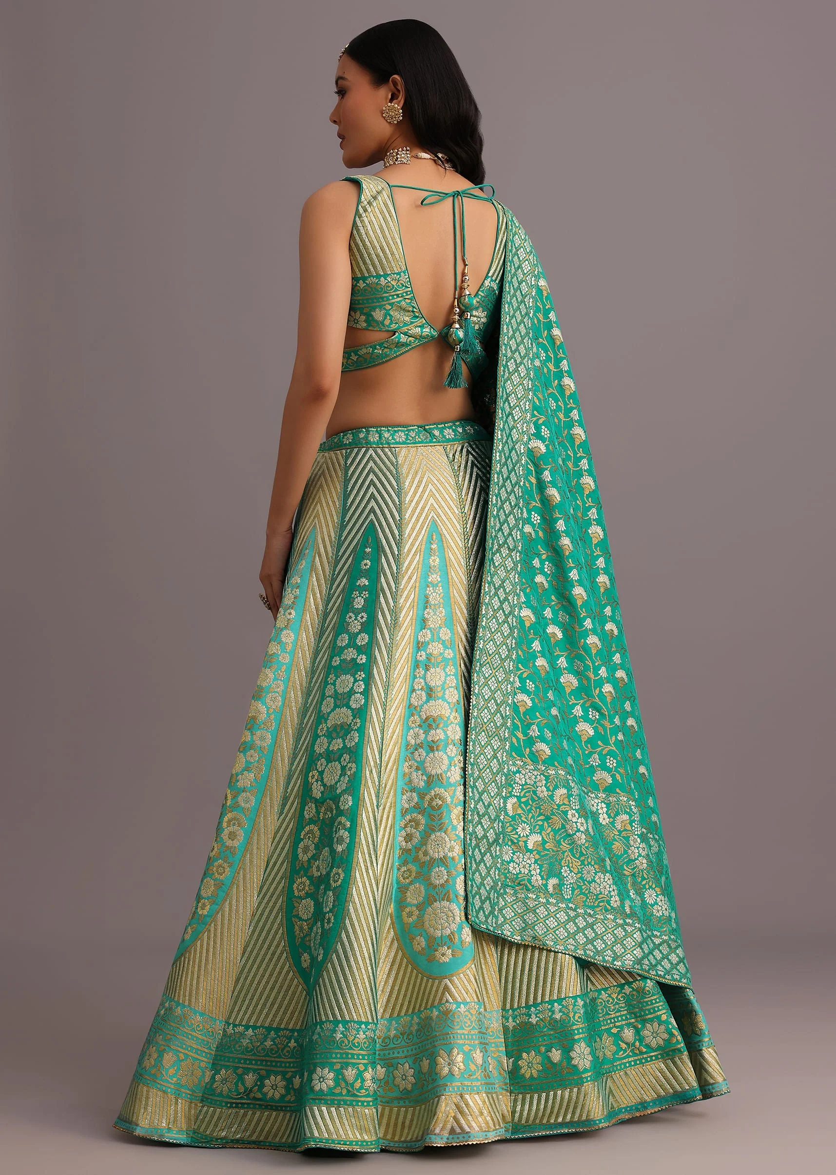 Aqua Green Embroidered Choli With Banarasi Weave Lehenga And Dupatta - Image 5