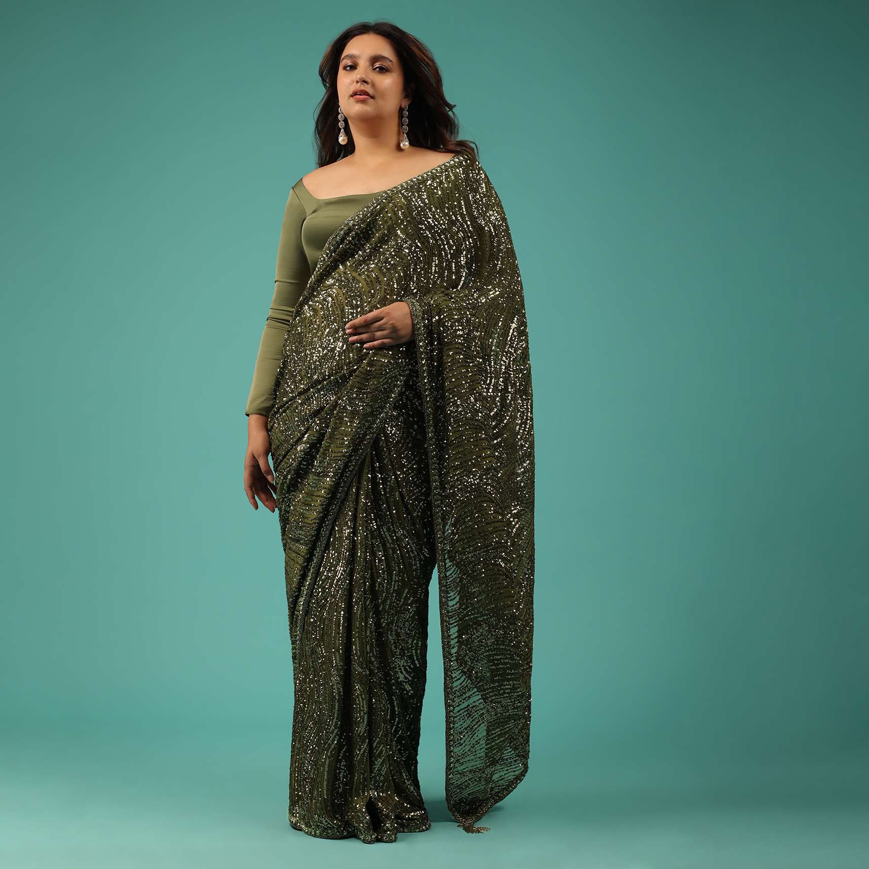 Army Green Saree In Sequins And Organza With Detailed Embroidery - Image 8