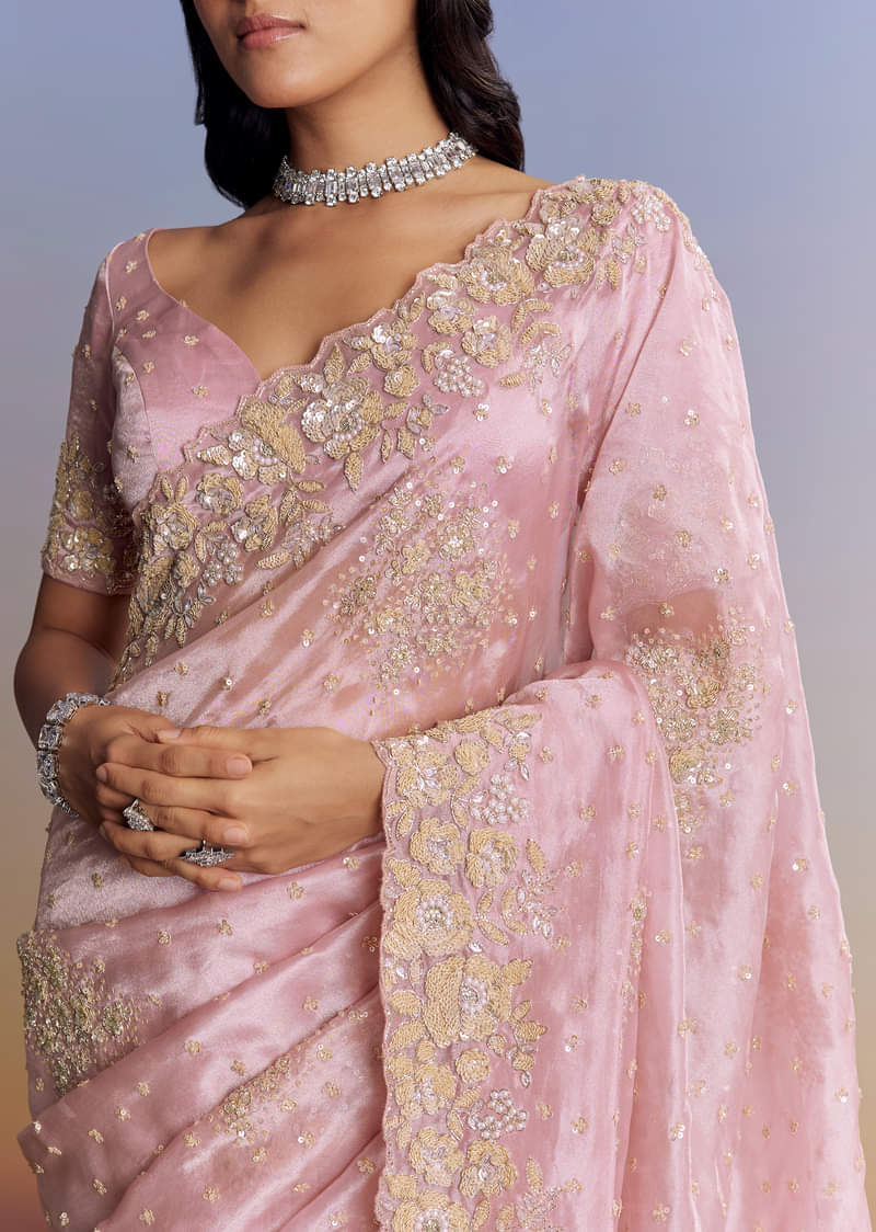 Baby Pink Organza Saree With Floral Cutwork Embroidery - Image 2