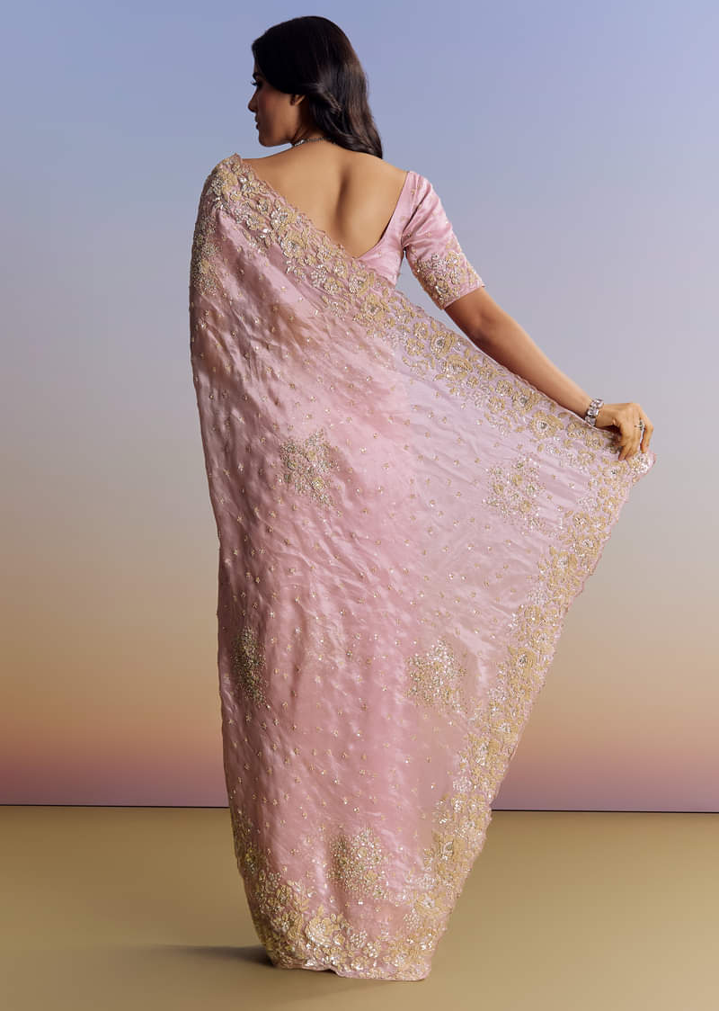 Baby Pink Organza Saree With Floral Cutwork Embroidery - Image 6