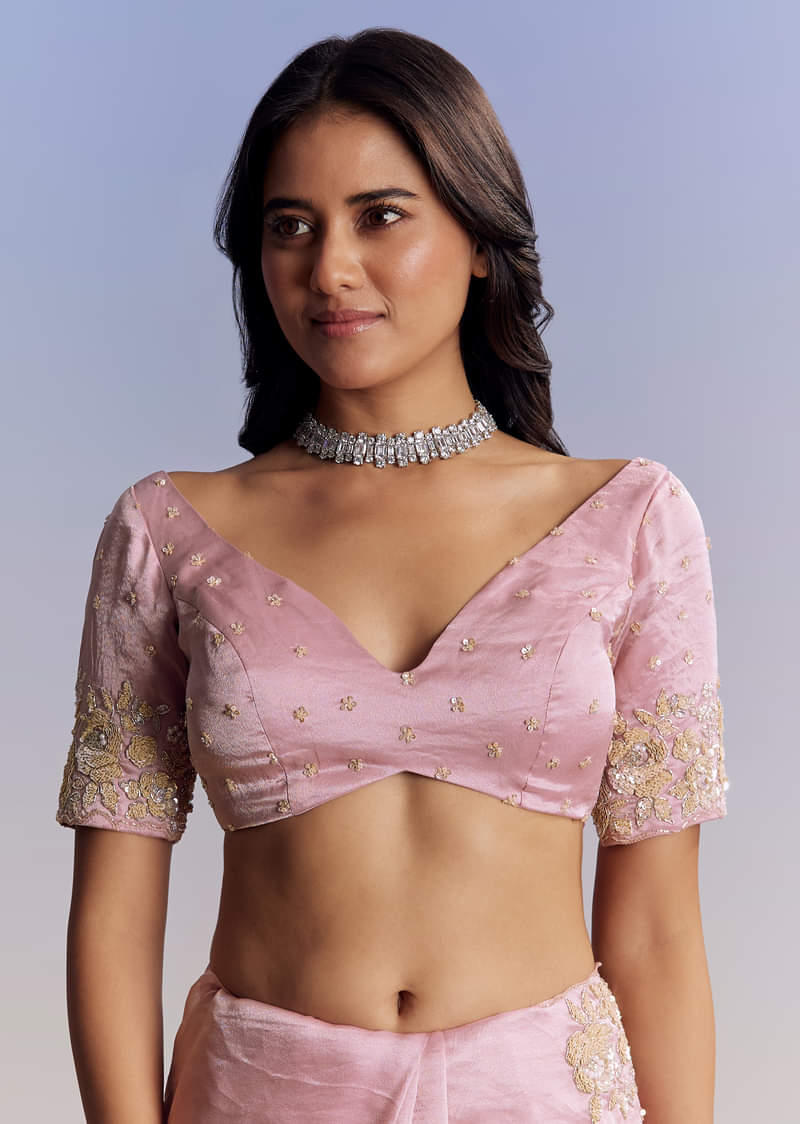 Baby Pink Organza Saree With Floral Cutwork Embroidery - Image 7