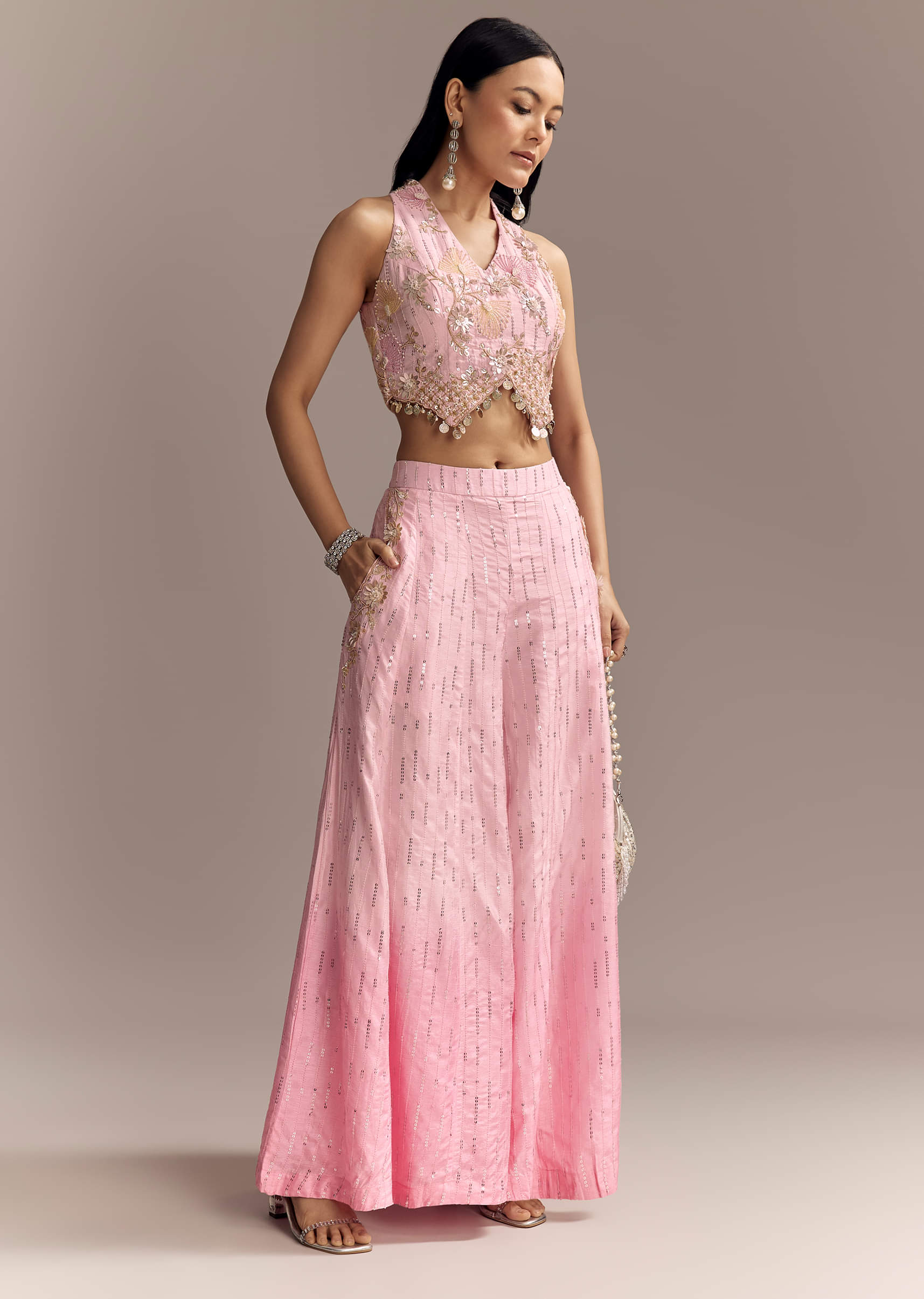 Baby Pink Silk Crop Top And Palazzo Set With Intricate Embroidery - Image 3