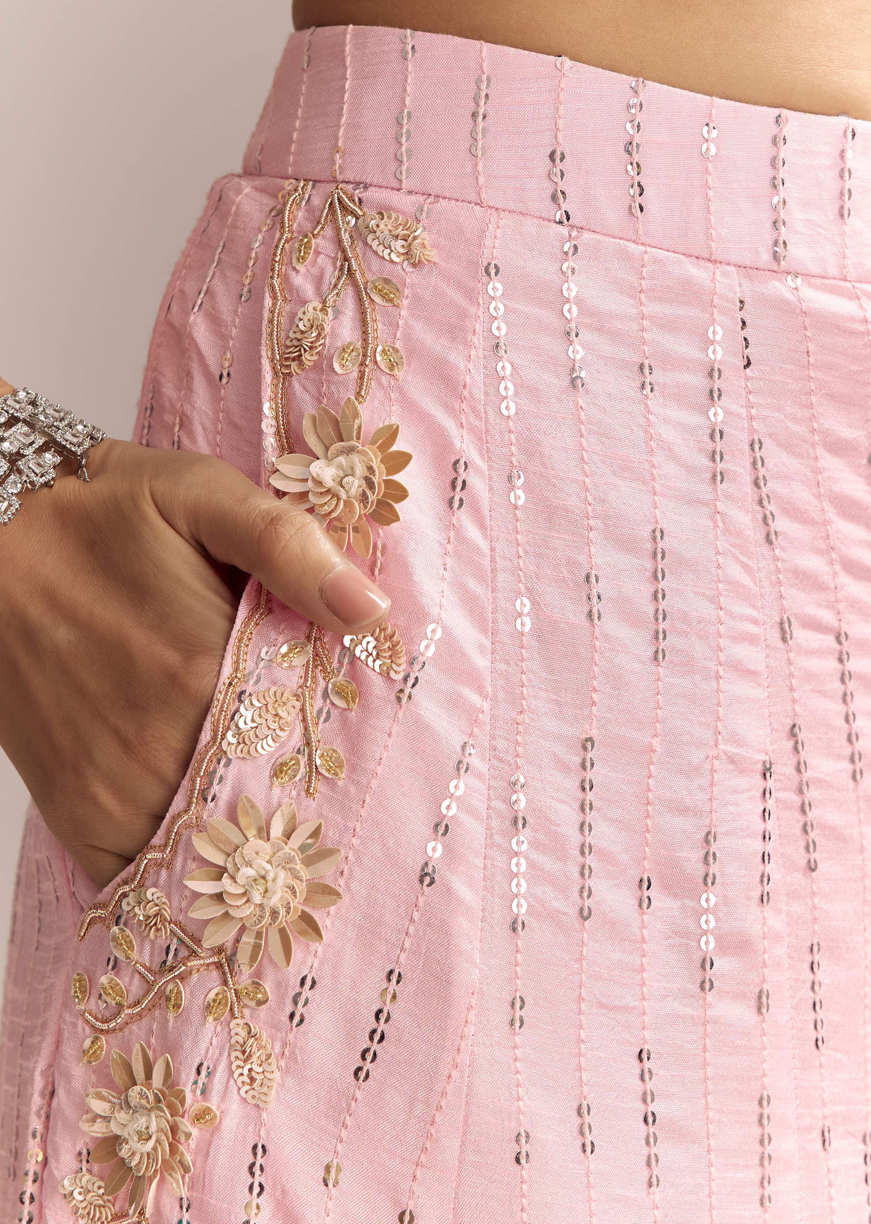 Baby Pink Silk Crop Top And Palazzo Set With Intricate Embroidery - Image 6
