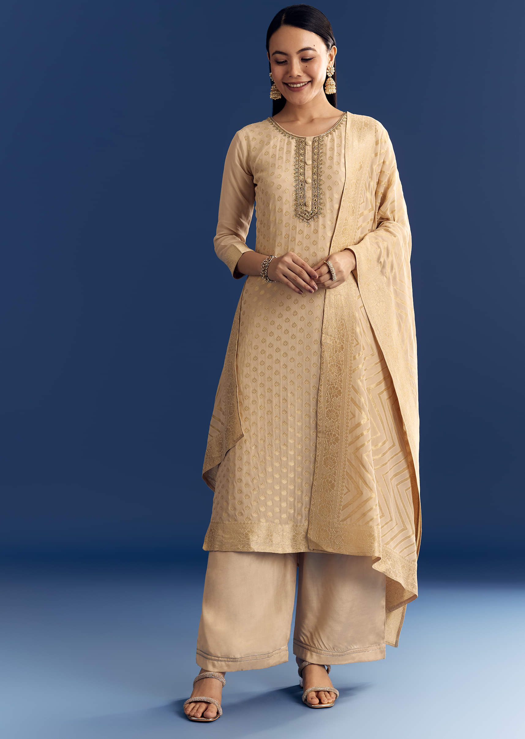 Beige Banarasi Georgette Kurta Set With Zardosi Neckline - Image 7