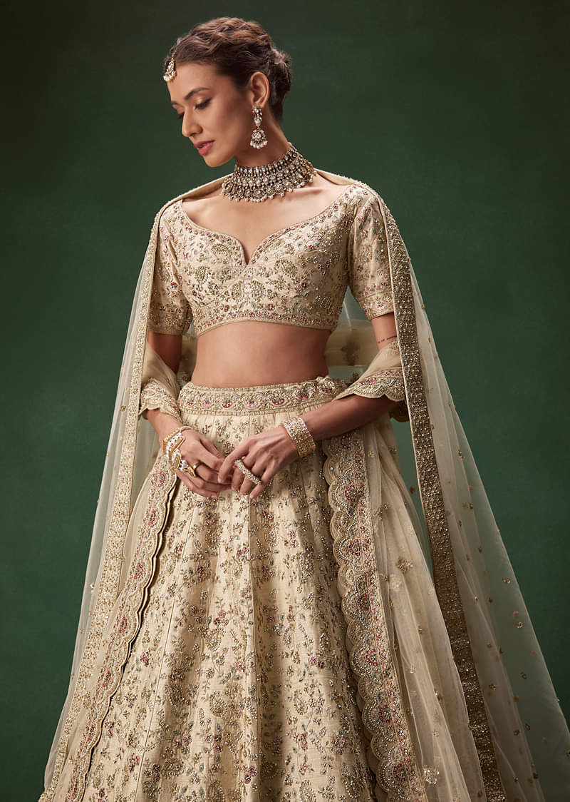 Beige Bridal Lehenga With Sequin And Zari Work - Image 5
