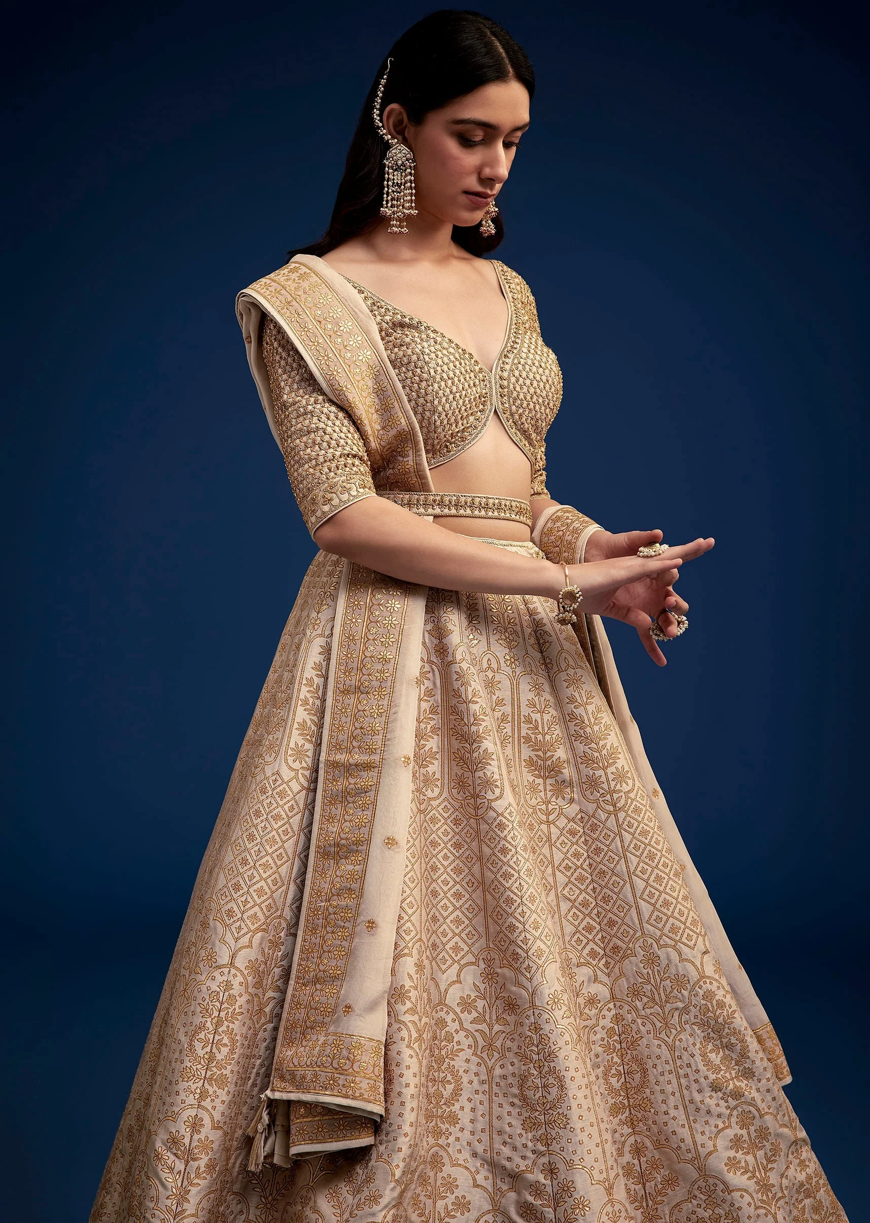Beige Brocade Lehenga Set And Belt - Image 2