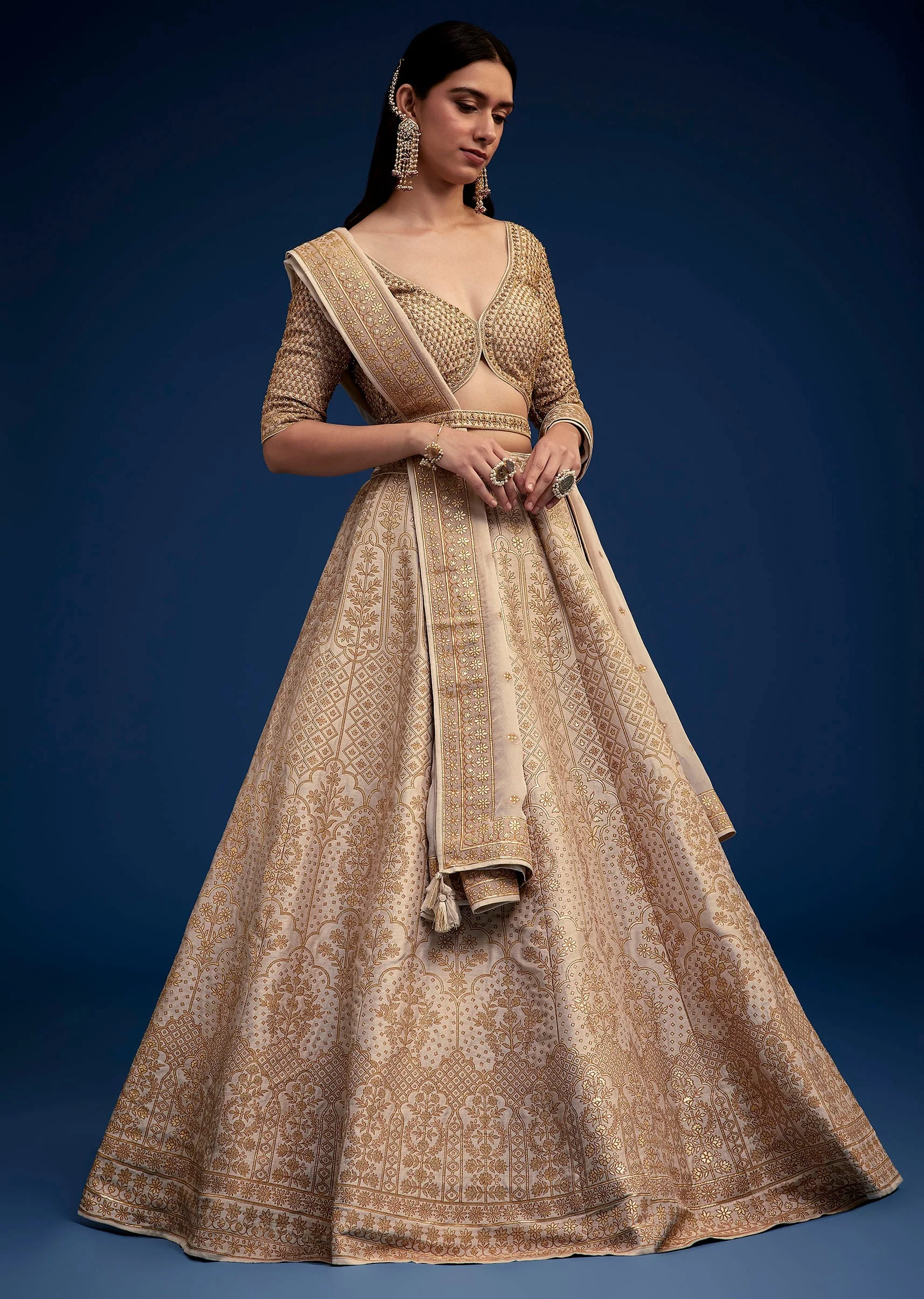 Beige Brocade Lehenga Set And Belt - Image 3