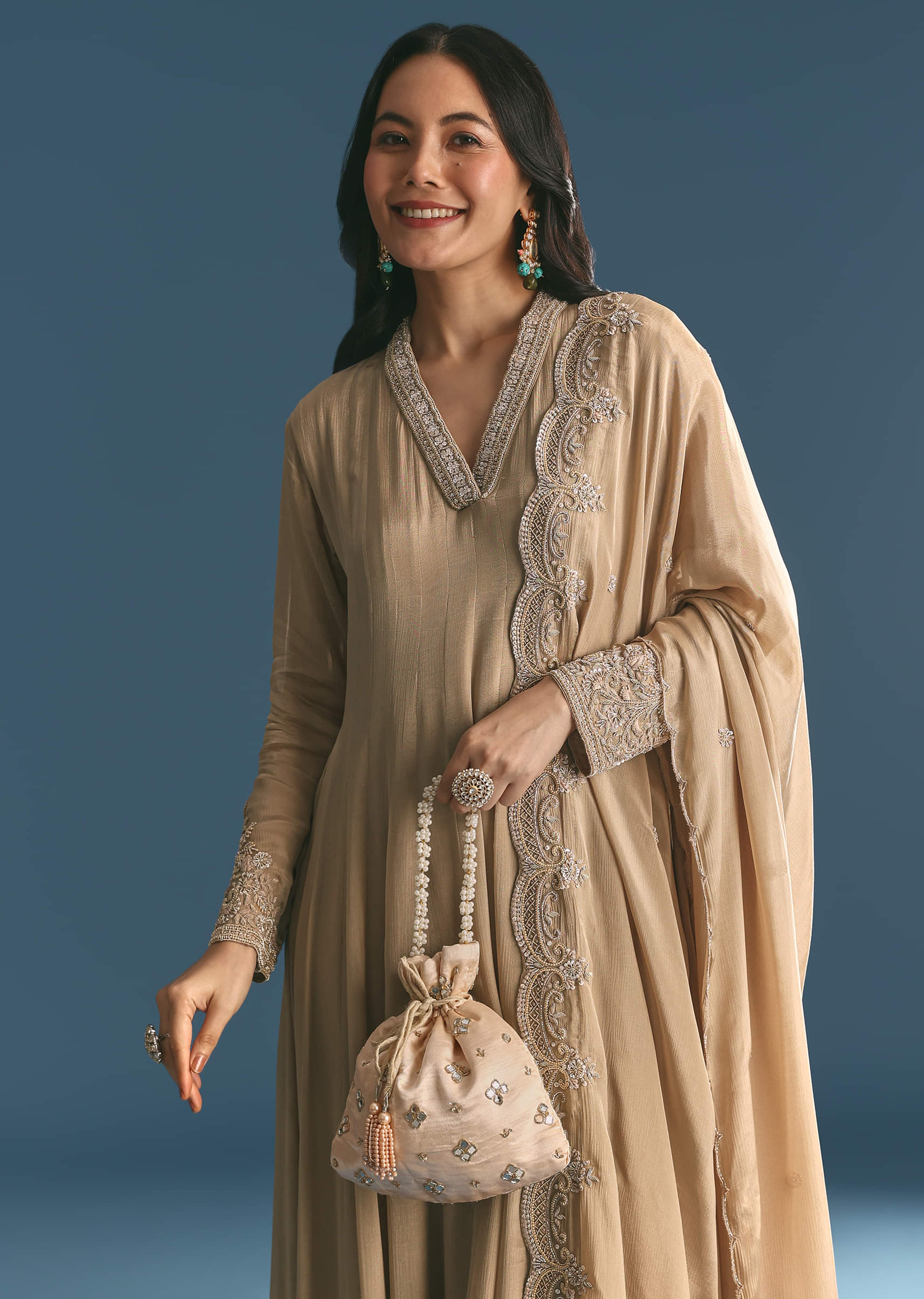 Beige Chinon Zardosi Work Anarkali Suit With Embroidered Dupatta - Image 6