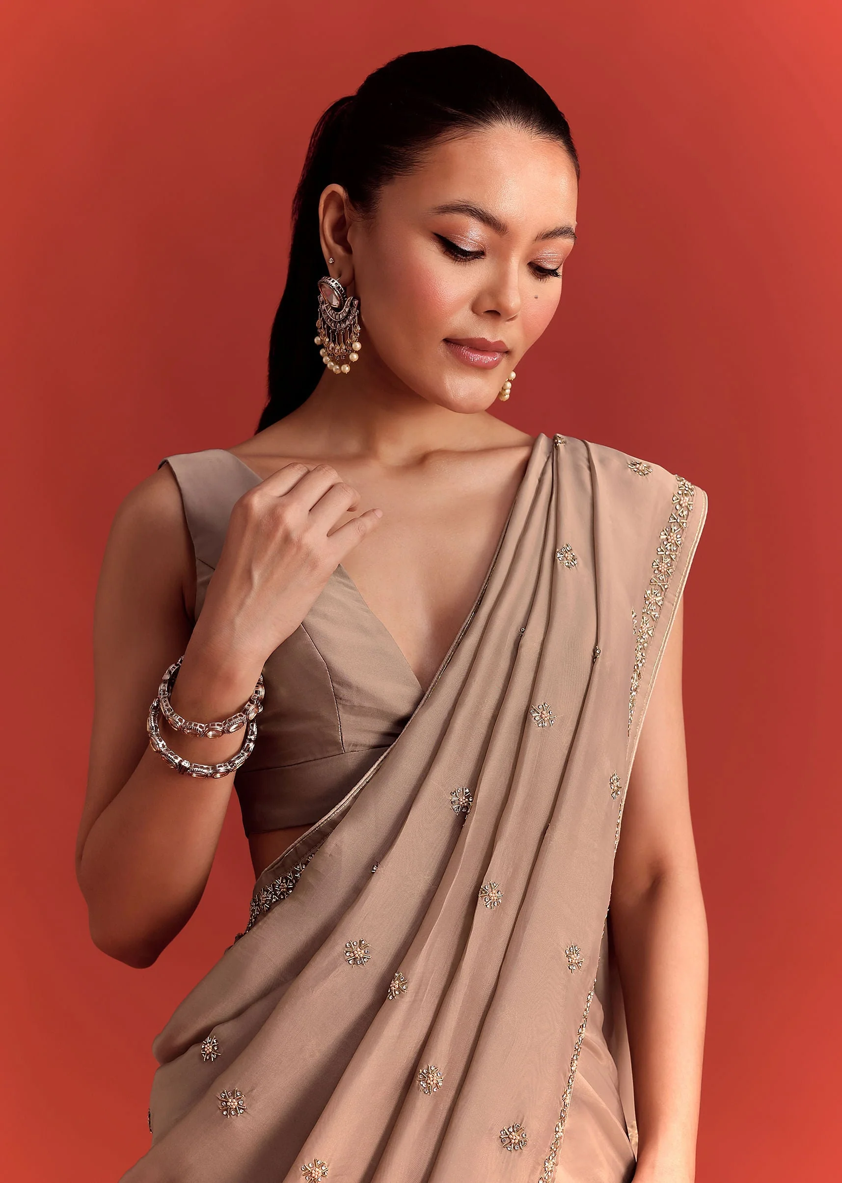 Beige Crepe Silk Saree With Cutdana Work - Image 3