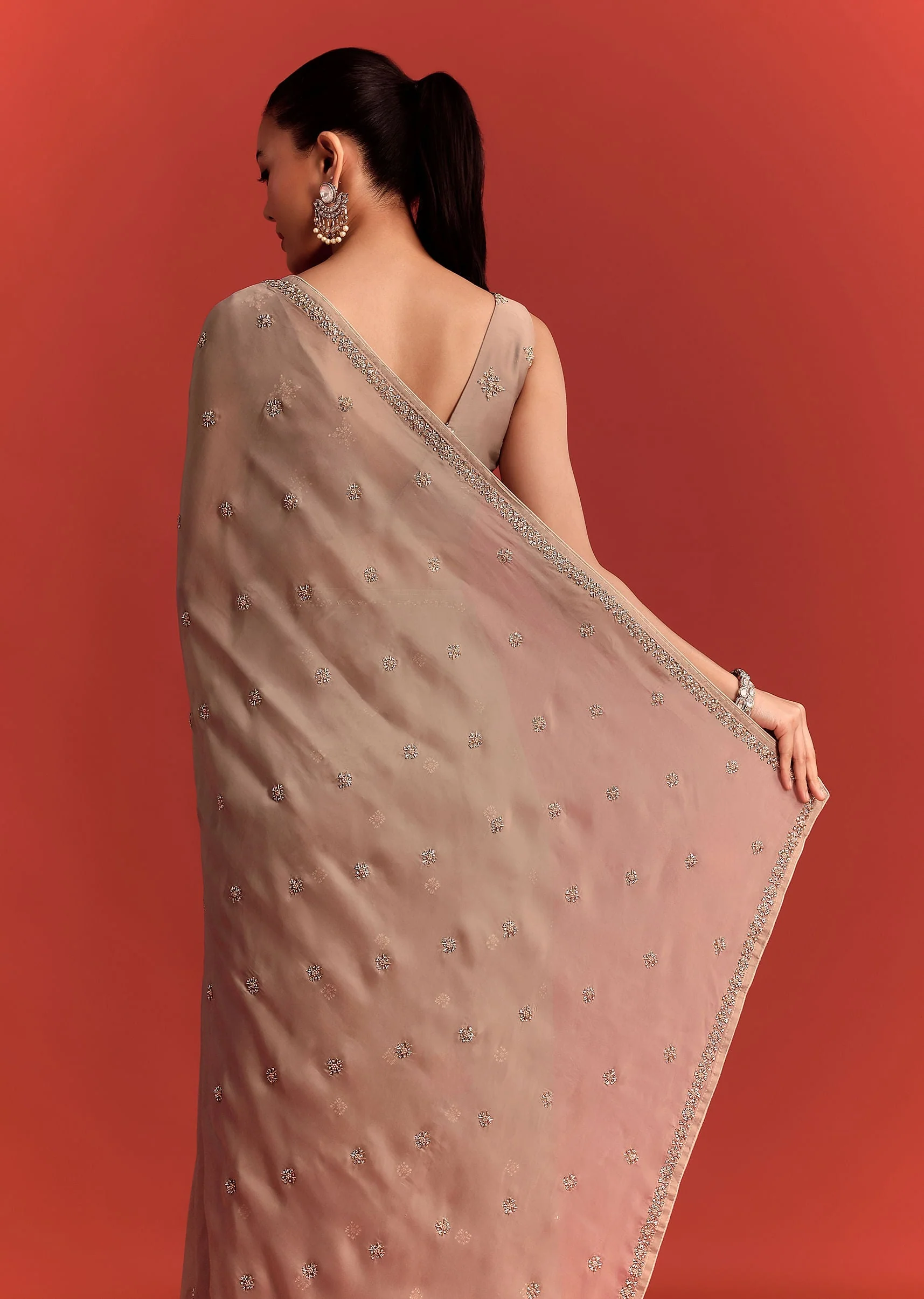 Beige Crepe Silk Saree With Cutdana Work - Image 4