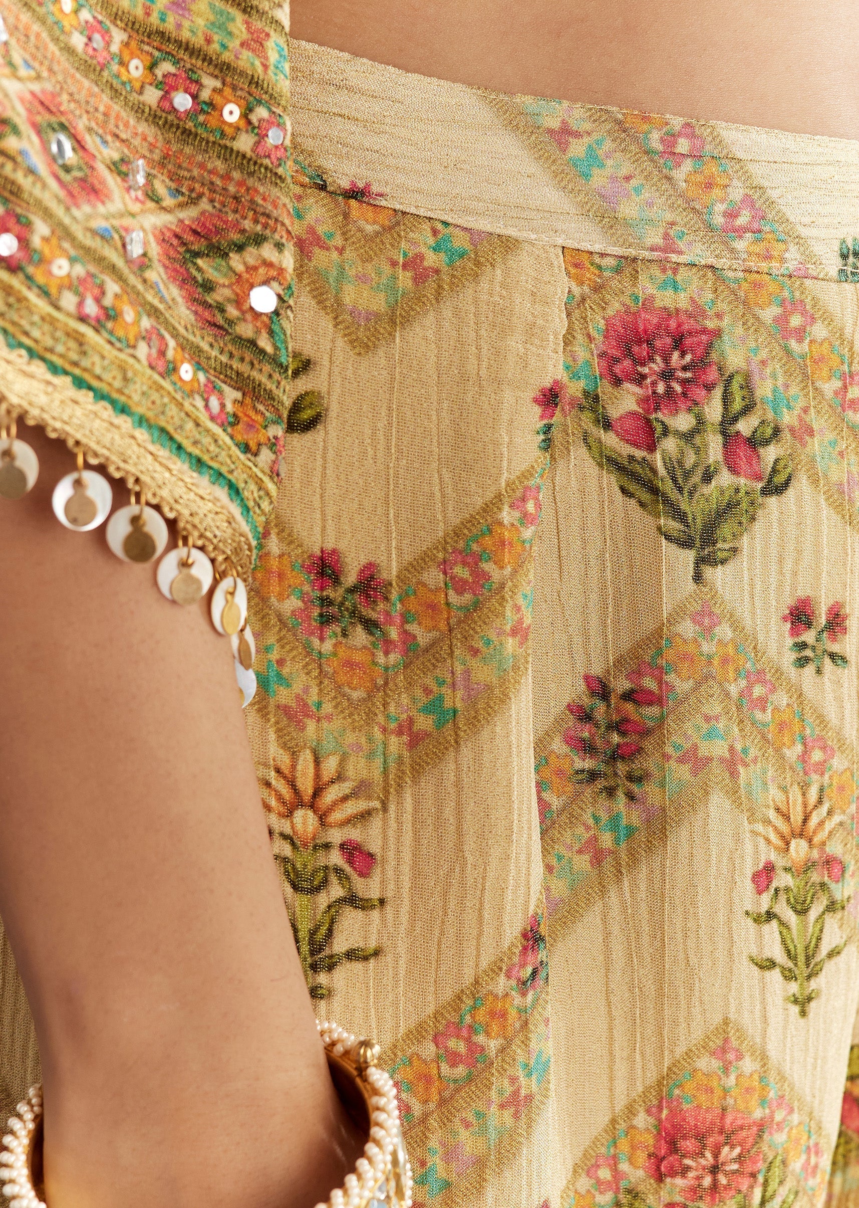 Beige Crush Tissue Floral Printed Kaftaan Sharara With Mirror Sequins Work - Image 6