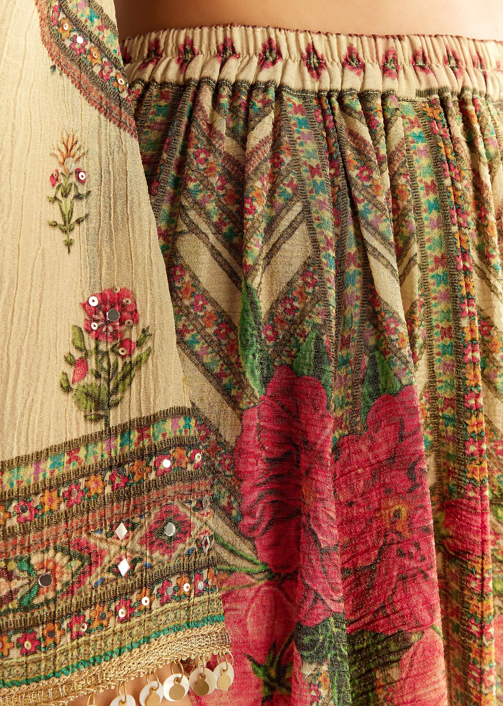 Beige Crush Tissue Floral Printed Kurta Palazzo With Dupatta - Image 7