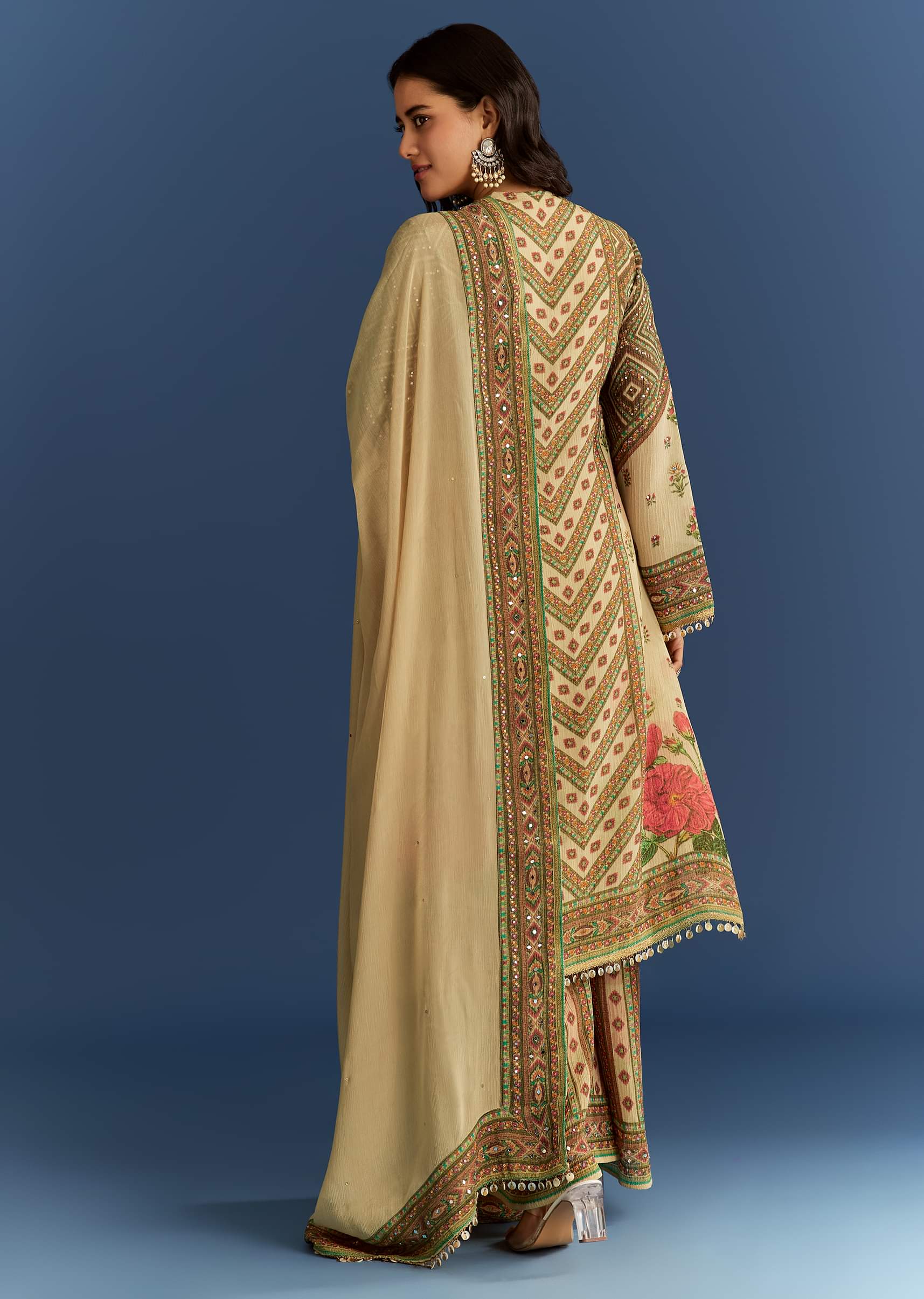 Beige Crush Tissue Floral Printed Kurta With Printed Palazzo - Image 5