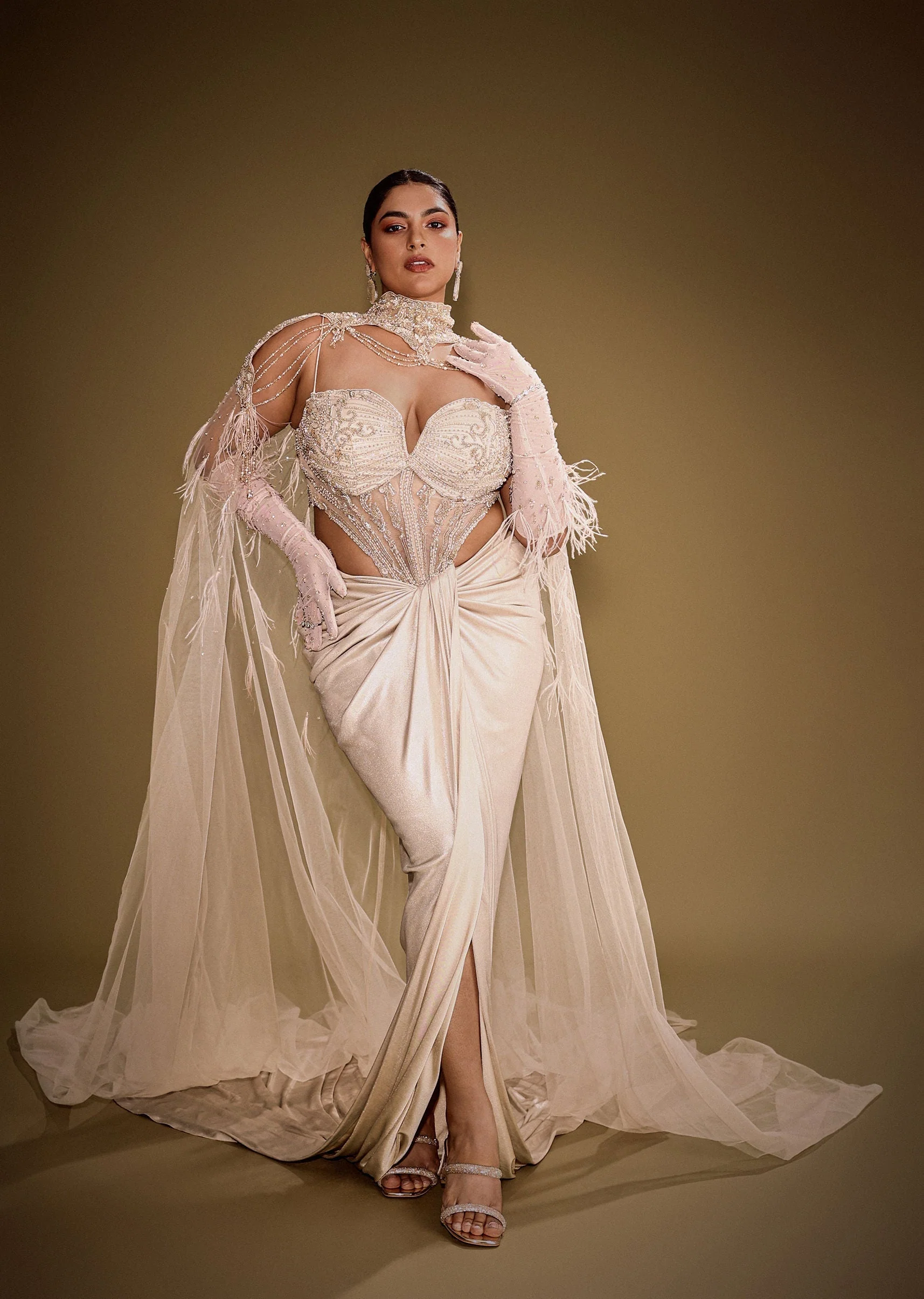 Beige Embroidered Drape Gown With Full Length Embroidered Cape - Image 4