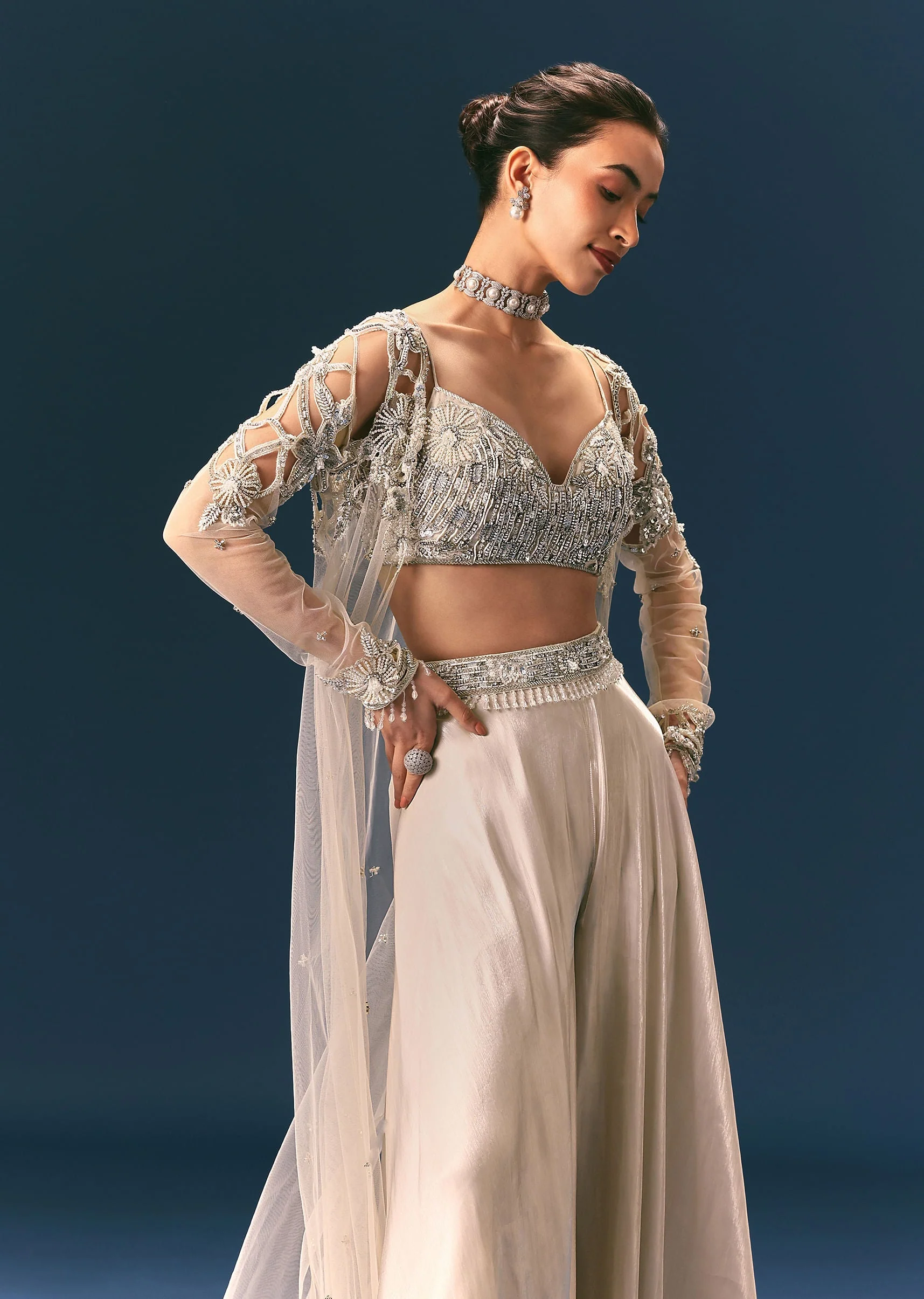 Beige Embroidered Organza Blouse With Circular Palazzo And Cutwork Jacket - Image 2