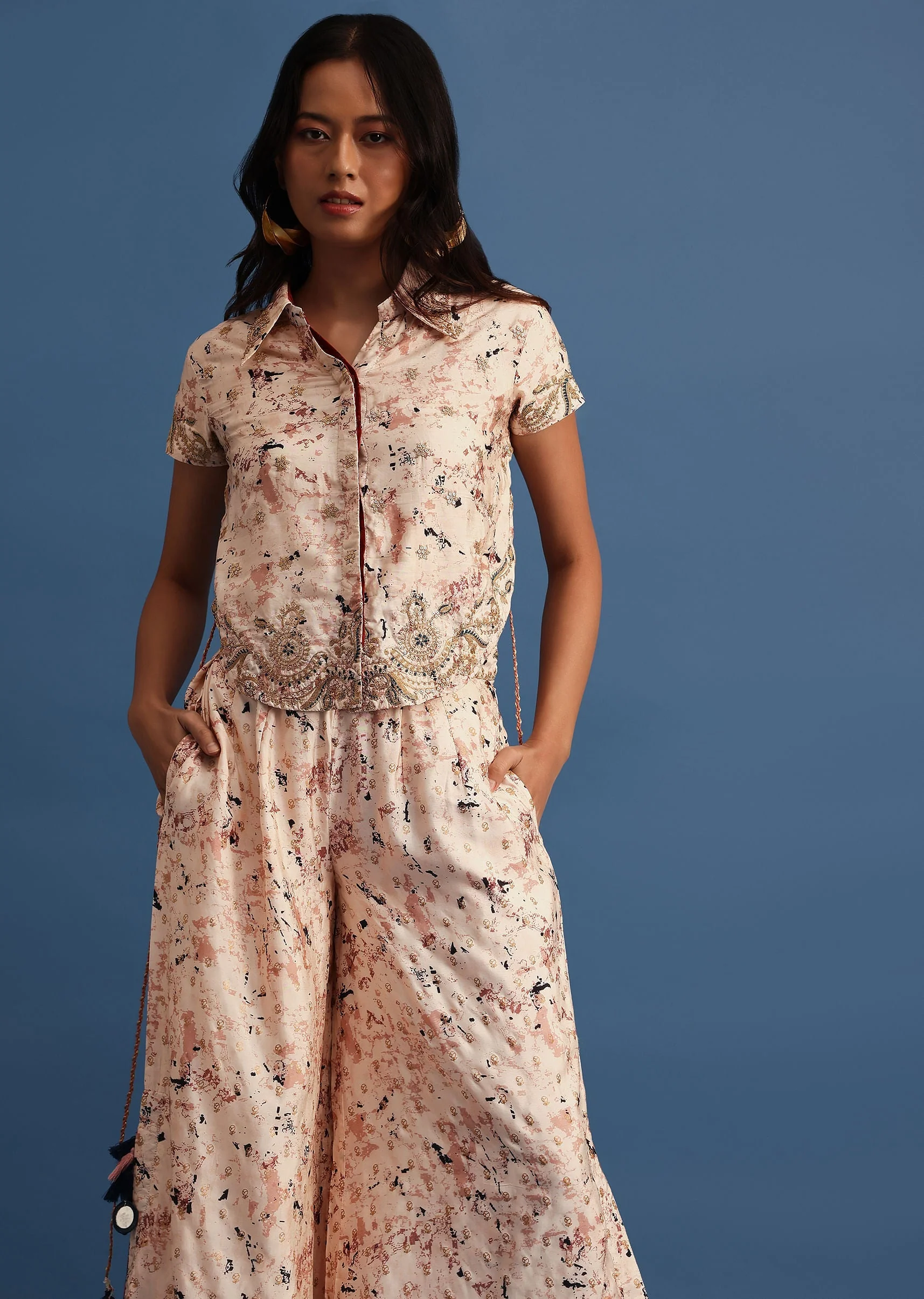 Beige Embroidered Silk Crop Top And Palazzo - Image 4