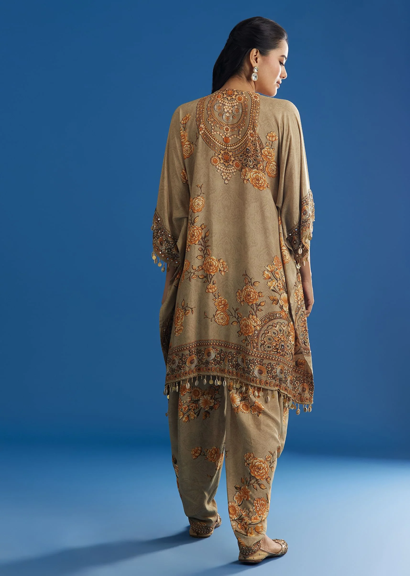 Beige Floral Printed Kaftan Dhoti Set With Shells And Metal Coin Tassels - Image 5
