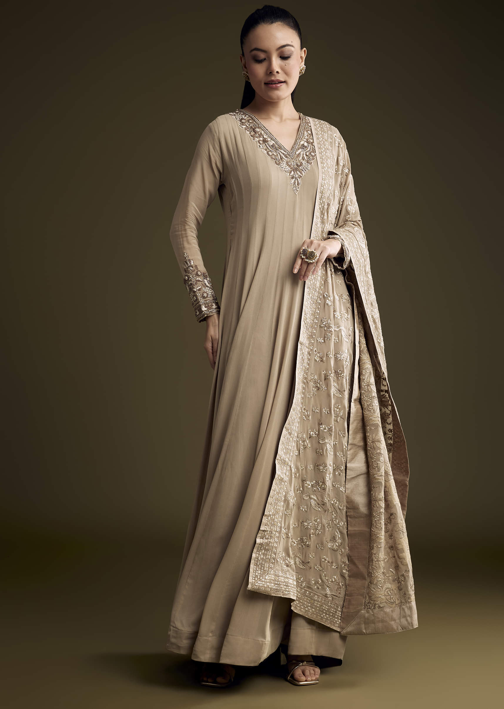Beige Georgette Anarkali Suit With Sequins And Thread Embroidery - Image 3