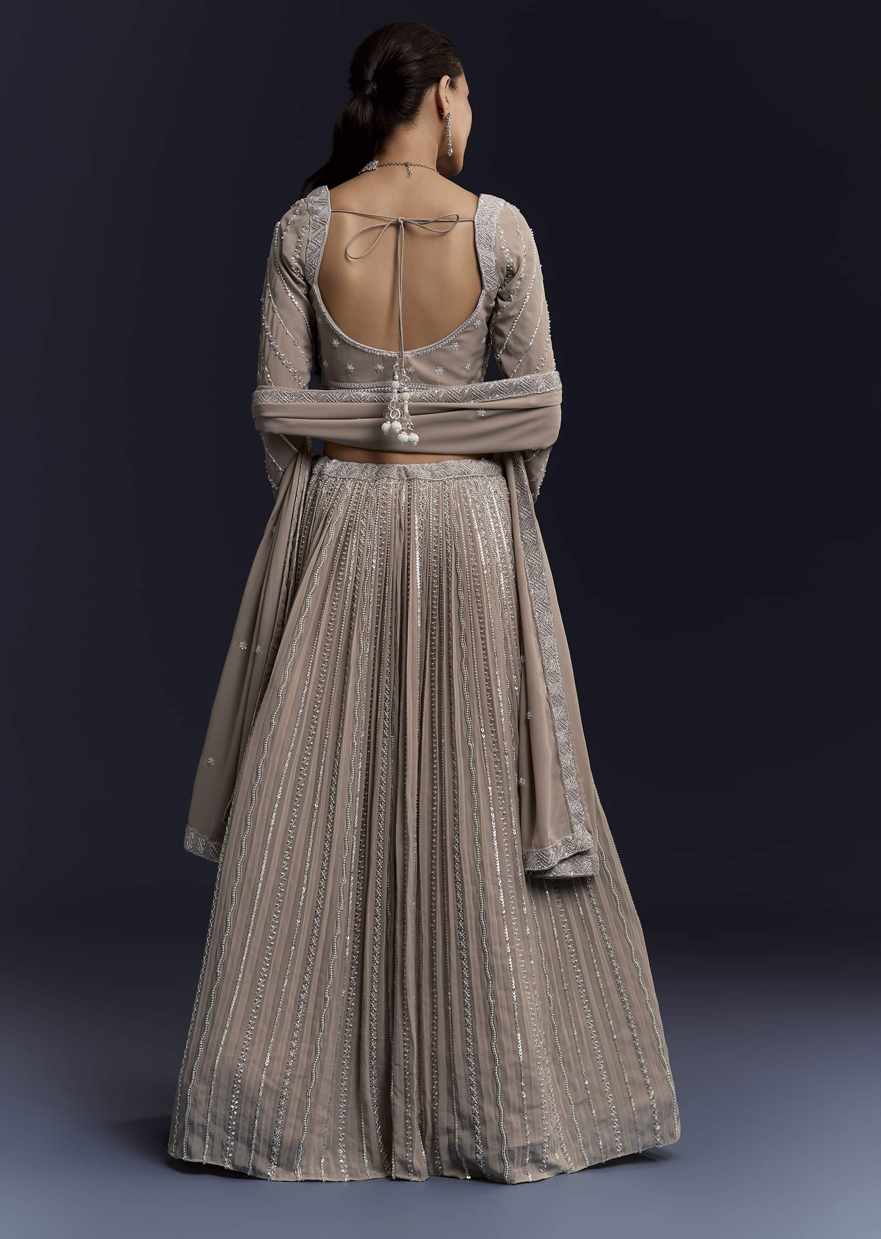 Beige Georgette Bridesmaid Lehenga Set With Sequin Embroidery - Image 5