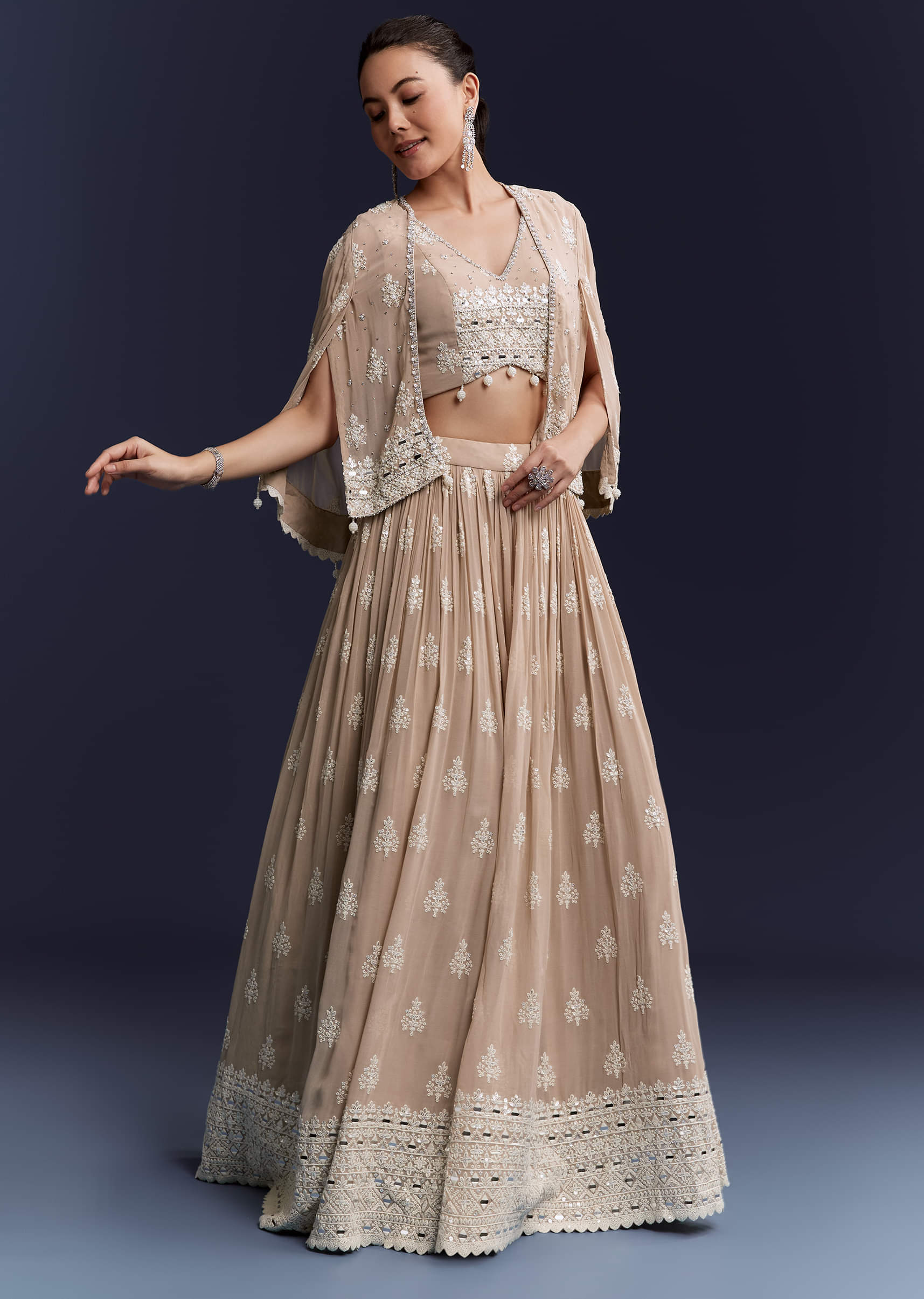 Beige Georgette Bridesmaid Lehenga With Thread And Sequins Work - Image 4