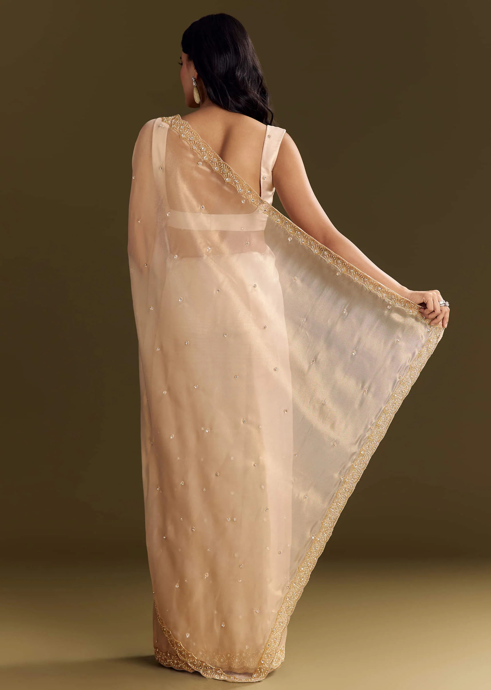 Beige Glass Tissue Saree With Cutdana And Beads Scallop Border - Image 4