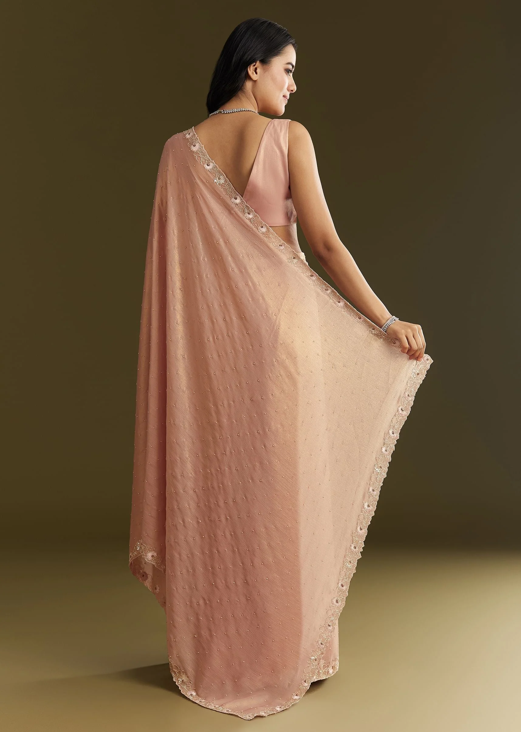 Beige Glass Tissue Saree With Moti Cutdana And Sequins Embroidery And Scallop Border - Image 4