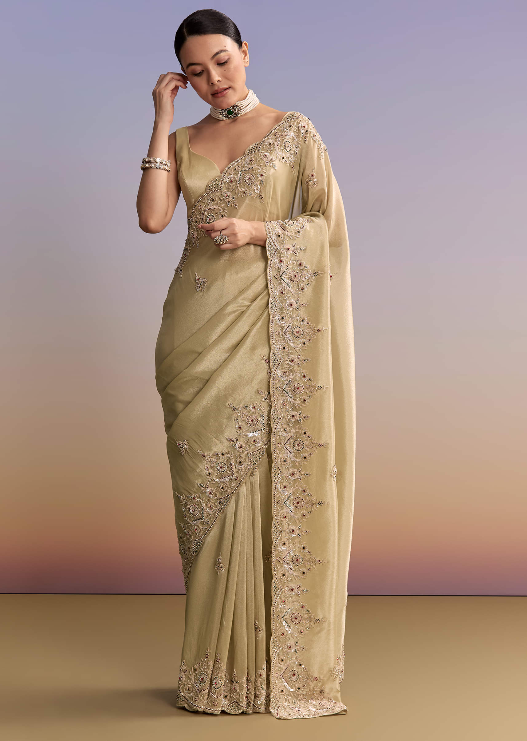 Beige Gold Tissue Embroidered Saree With Zardosi And Stone Work - Image 3