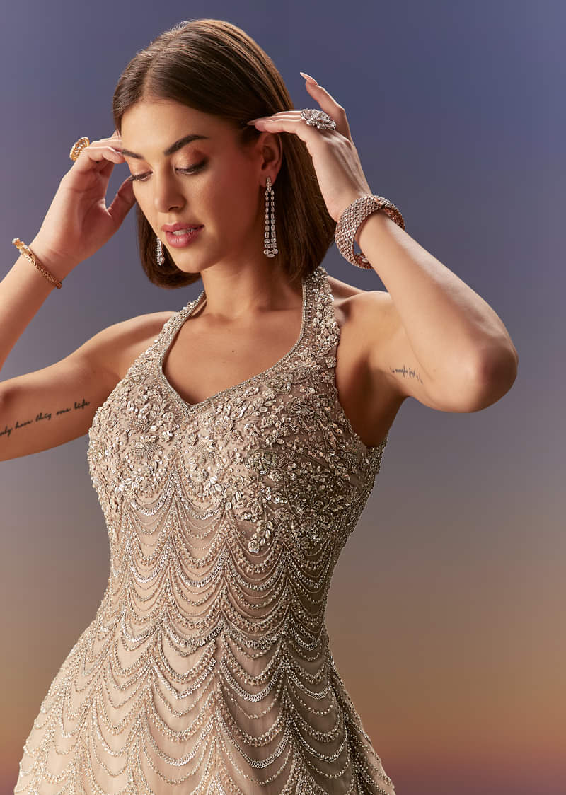 Beige Gown With All Over Sequin Bead And Cut Dana Embroidery - Image 3