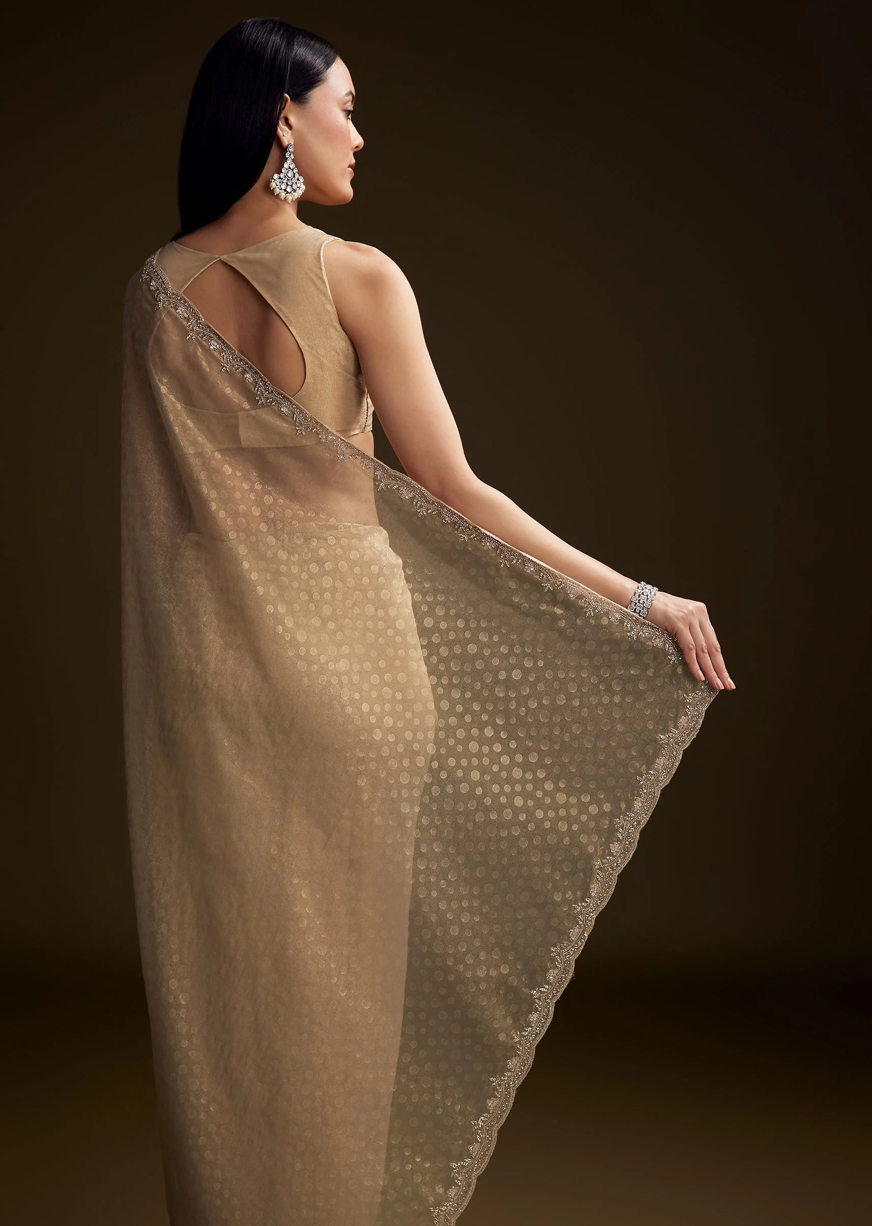 Beige Jacquard Saree With Sequin And Stone Embroidery - Image 6