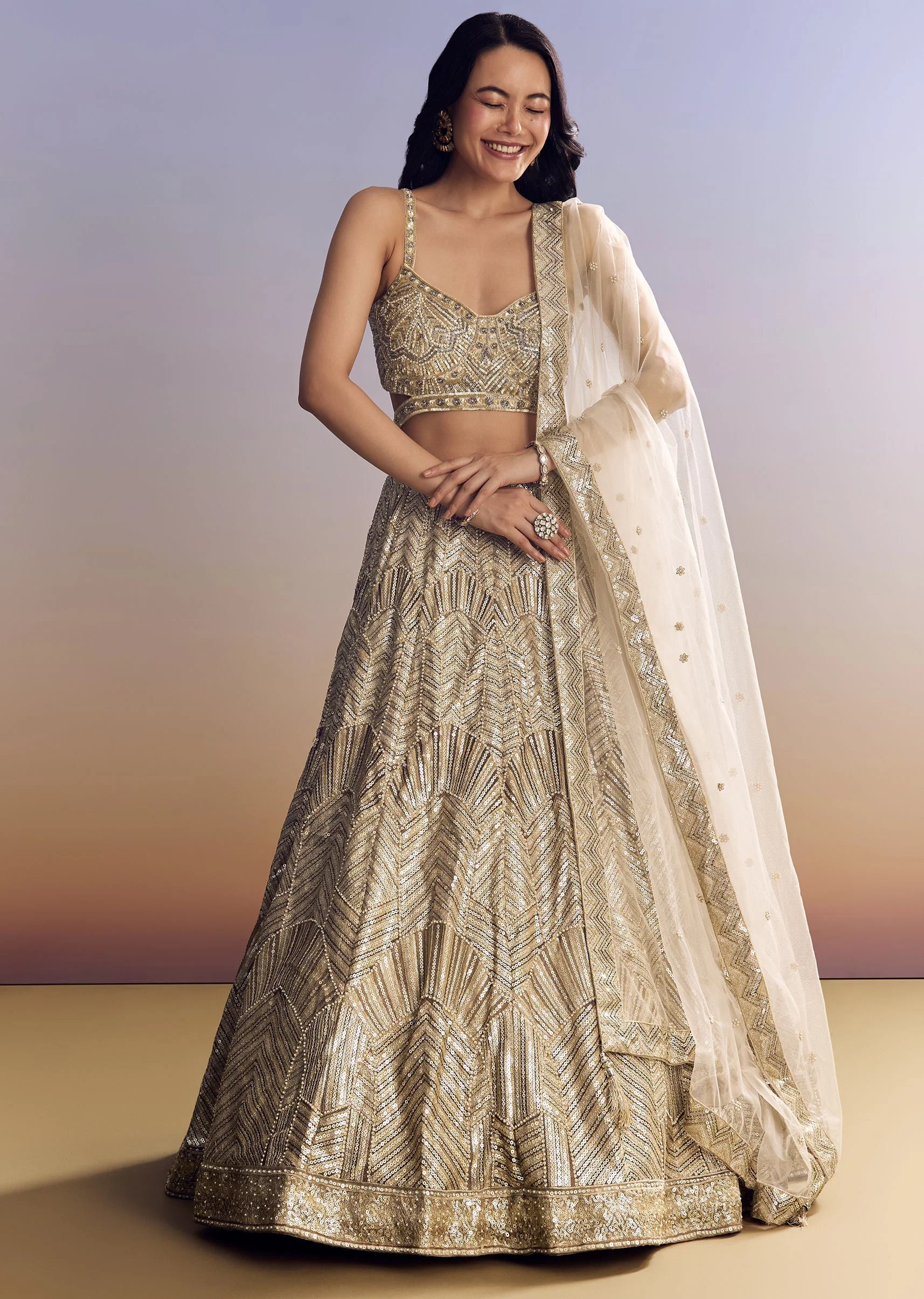 Beige Lehenga Set With Sequins Cut Dana Work - Image 3