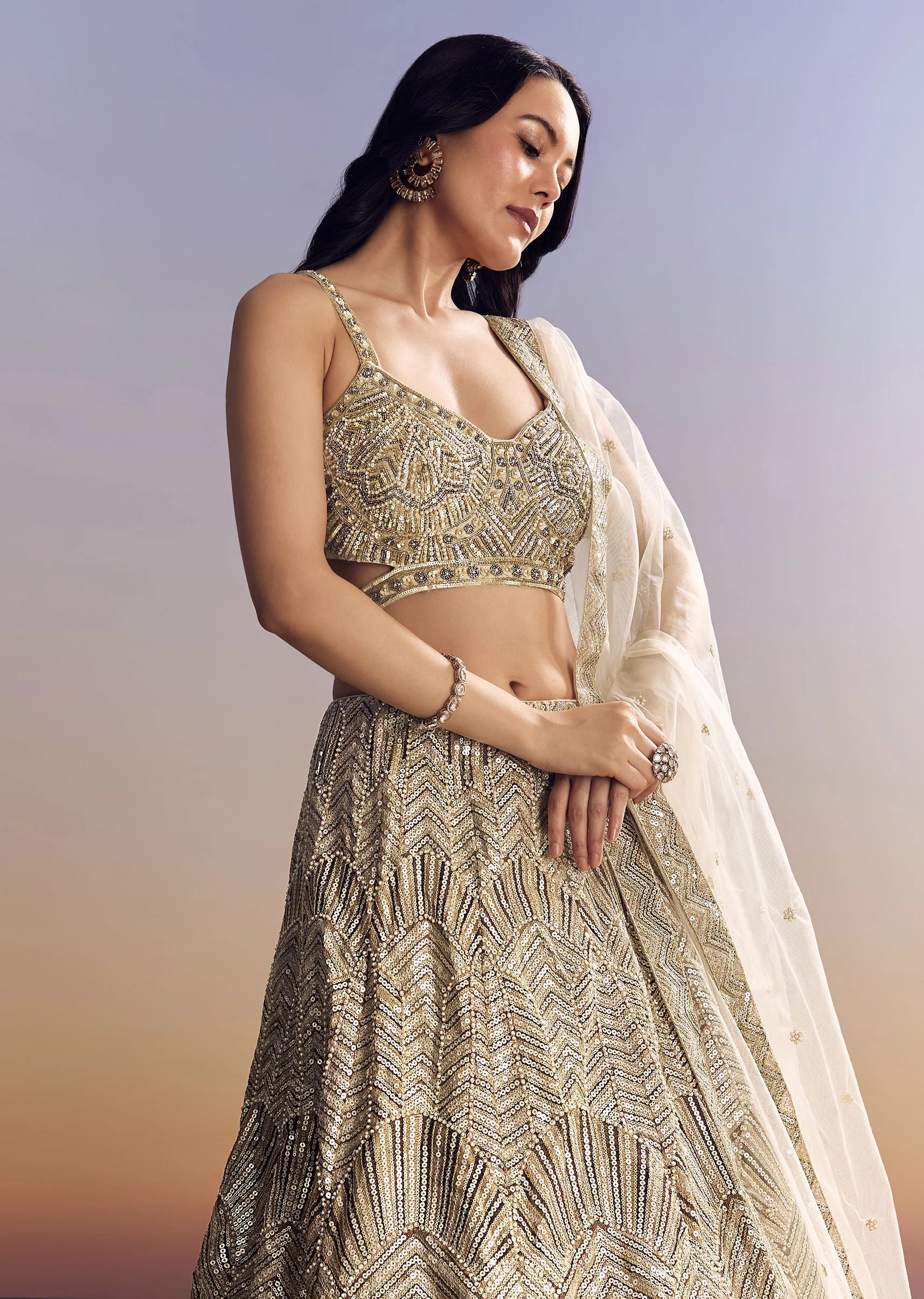 Beige Lehenga Set With Sequins Cut Dana Work - Image 4