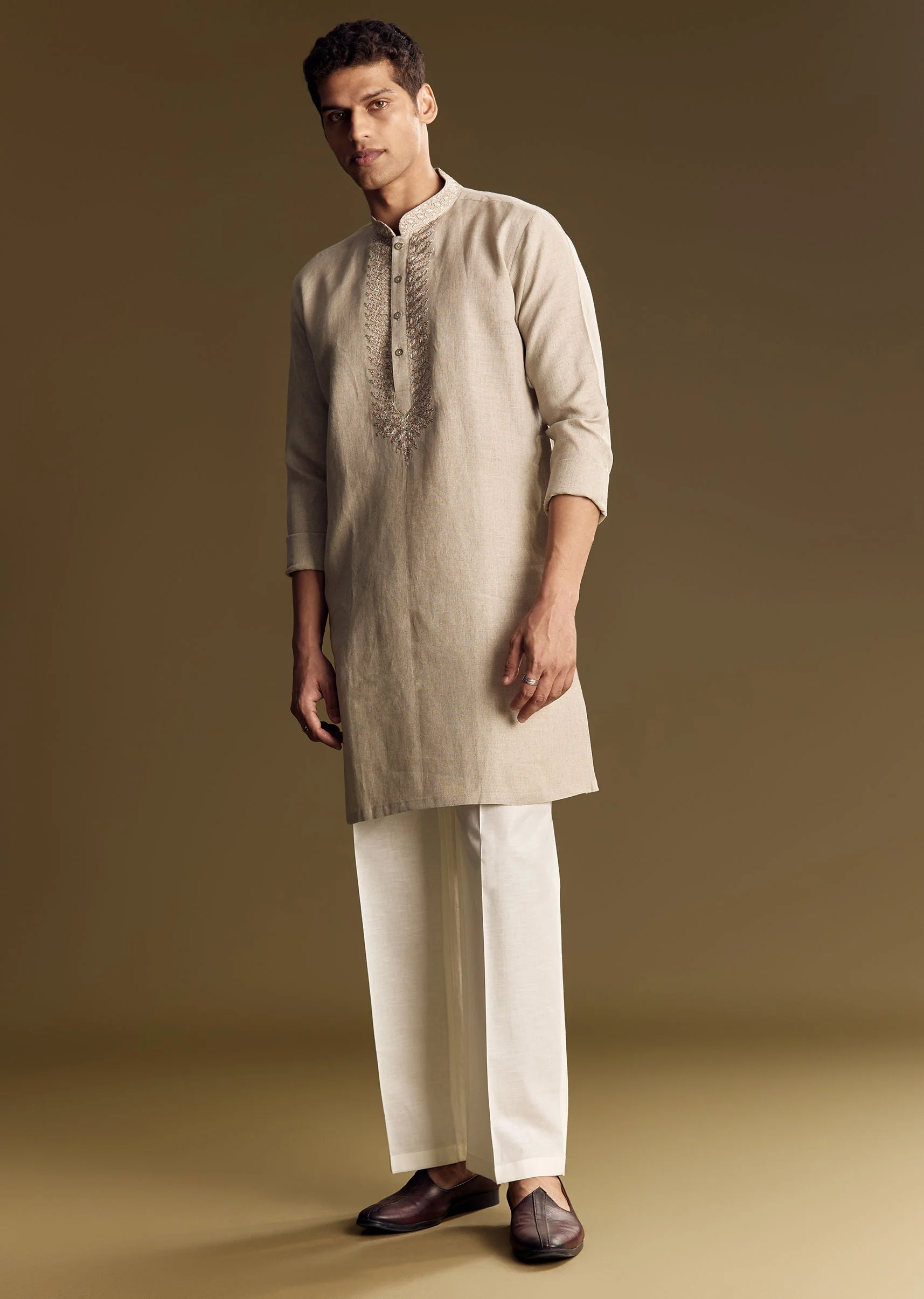 Beige Linen Kurta Set With Thread And Sequin Accents - Image 2