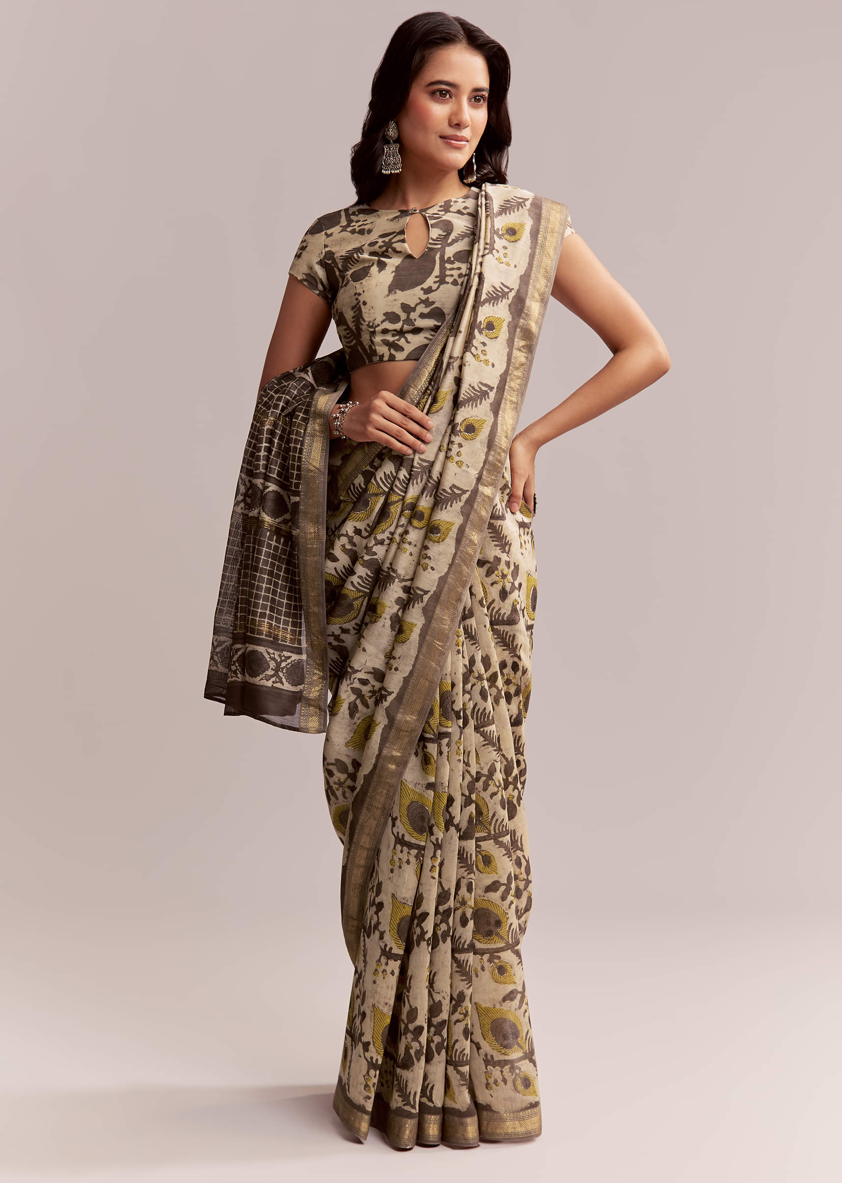 Beige Linen Printed Saree With Hand Block Ajrakh Print - Image 10