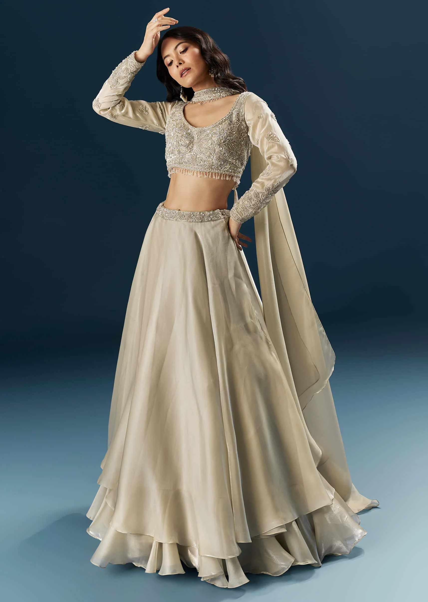 Beige Organza Bridesmaid Lehenga With Beads And Cutdana Embroidery - Image 4