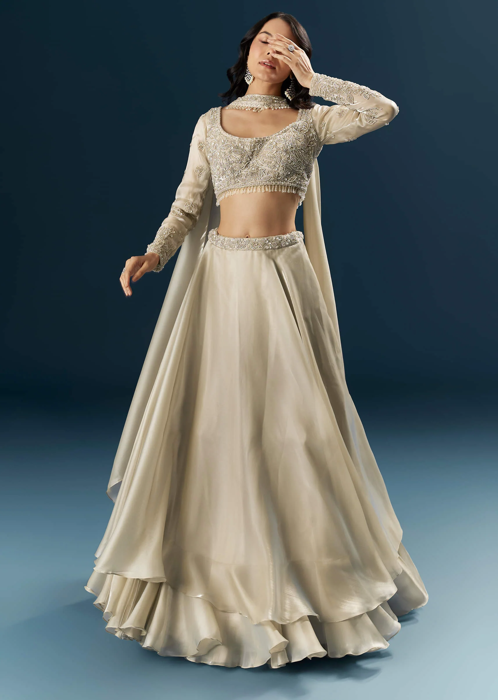 Beige Organza Bridesmaid Lehenga With Beads And Cutdana Embroidery - Image 7