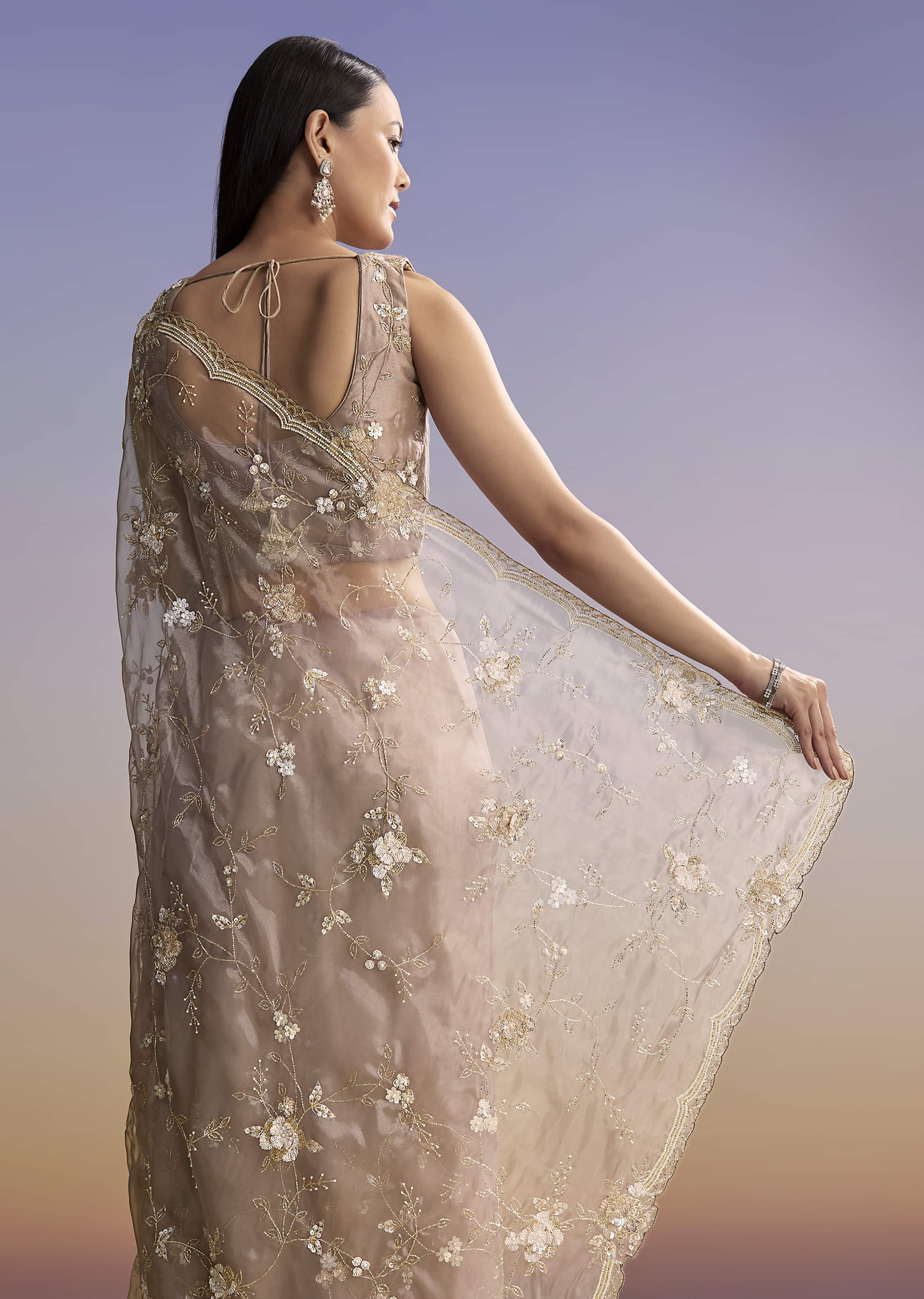 Beige Organza Embroidered Saree With Moti And Cutdana Work - Image 6