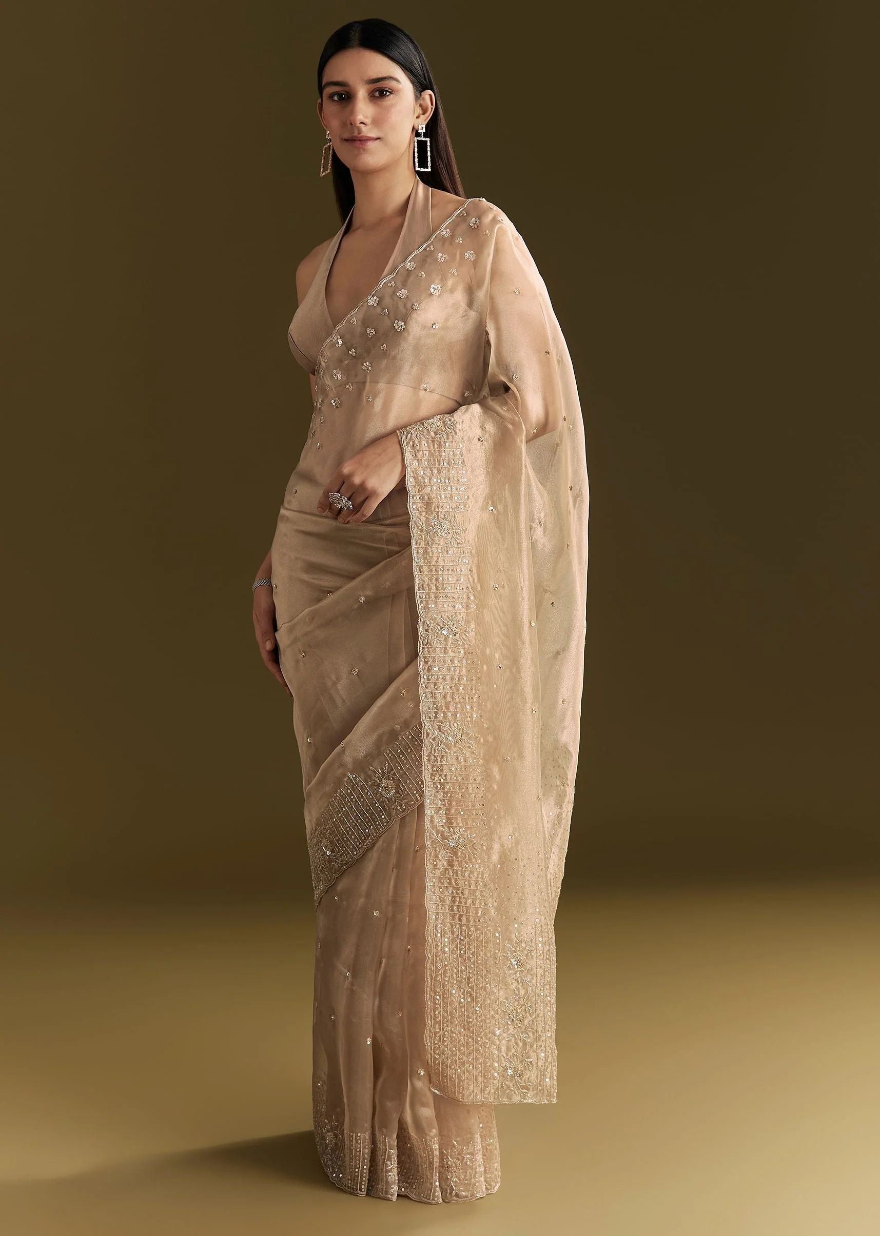Beige Organza Sequin Embroidered Saree With Scallop Border - Image 5