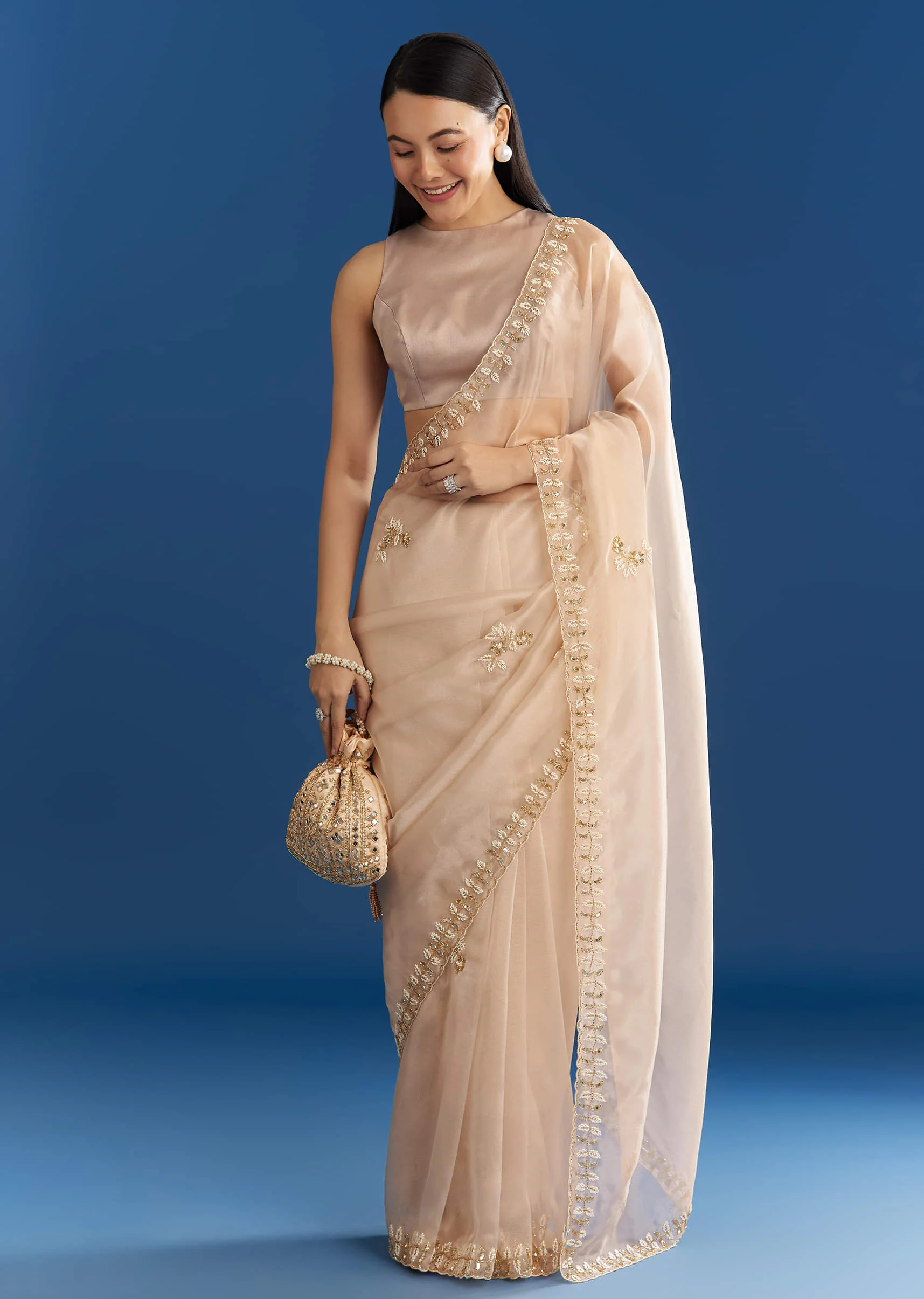 Beige Organza Tissue Saree With Cutdana Detailing - Image 3