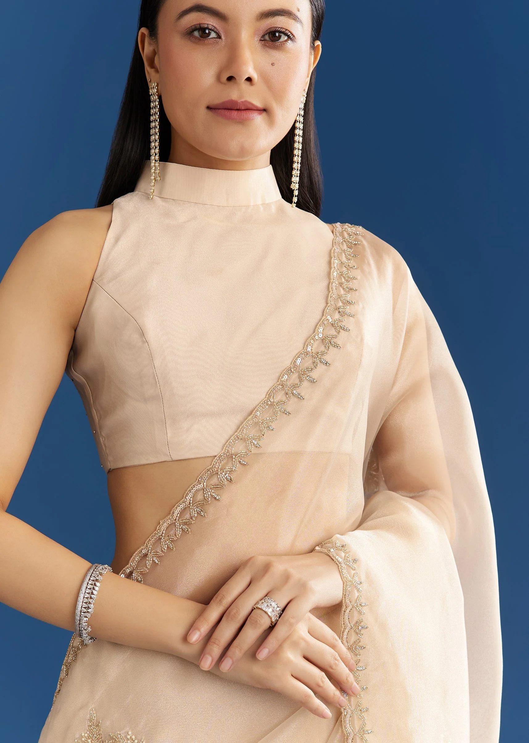 Beige Organza Tissue Saree With Delicate Embellished Edge - Image 5