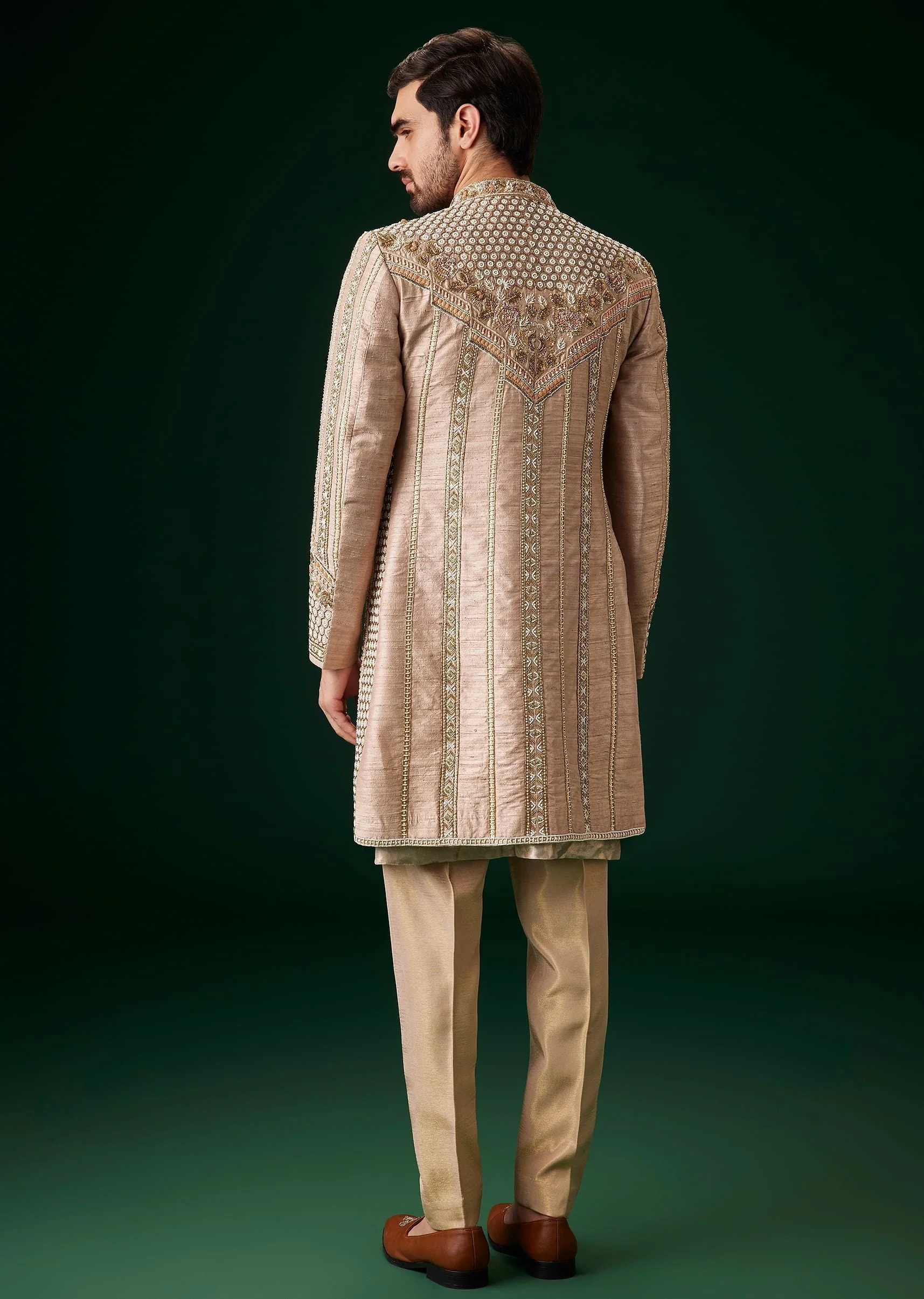 Beige Raw Silk Indowestern Sherwani Set - Image 6