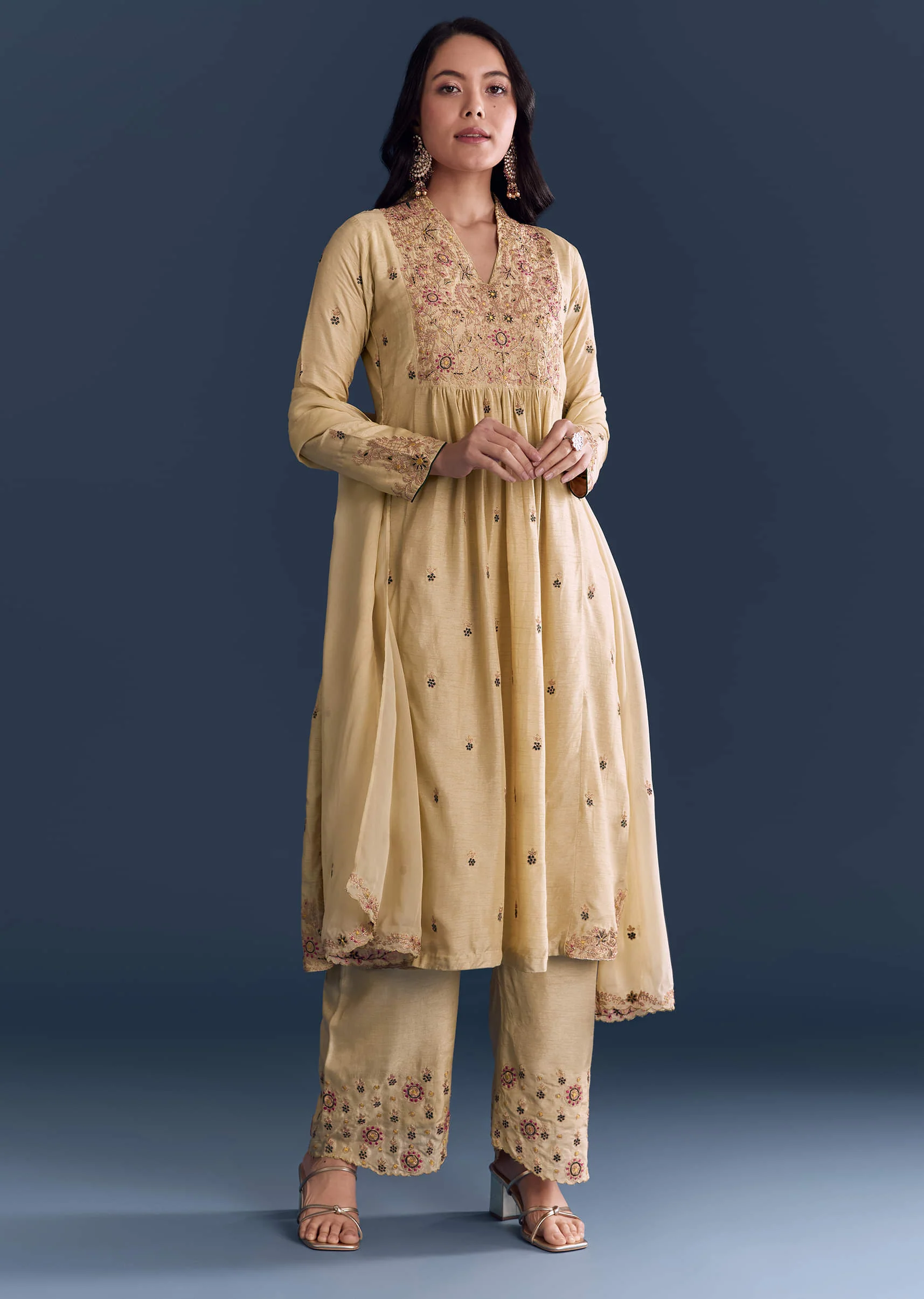 Beige Silk Anarkali Suit With Zari Embroidery - Image 3
