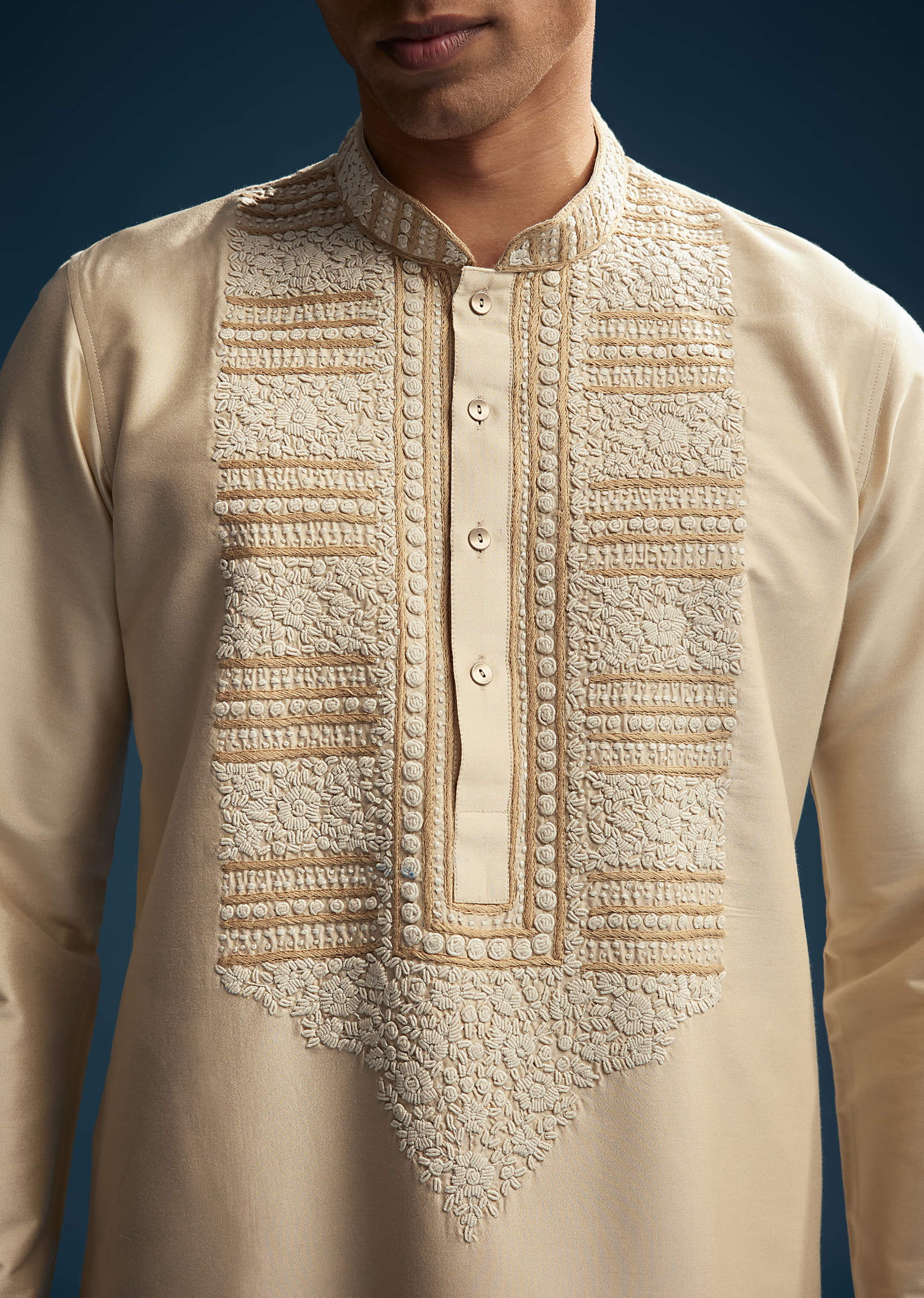 Beige Silk Kurta Set For Men With Kashmiri Hand Work - Image 3